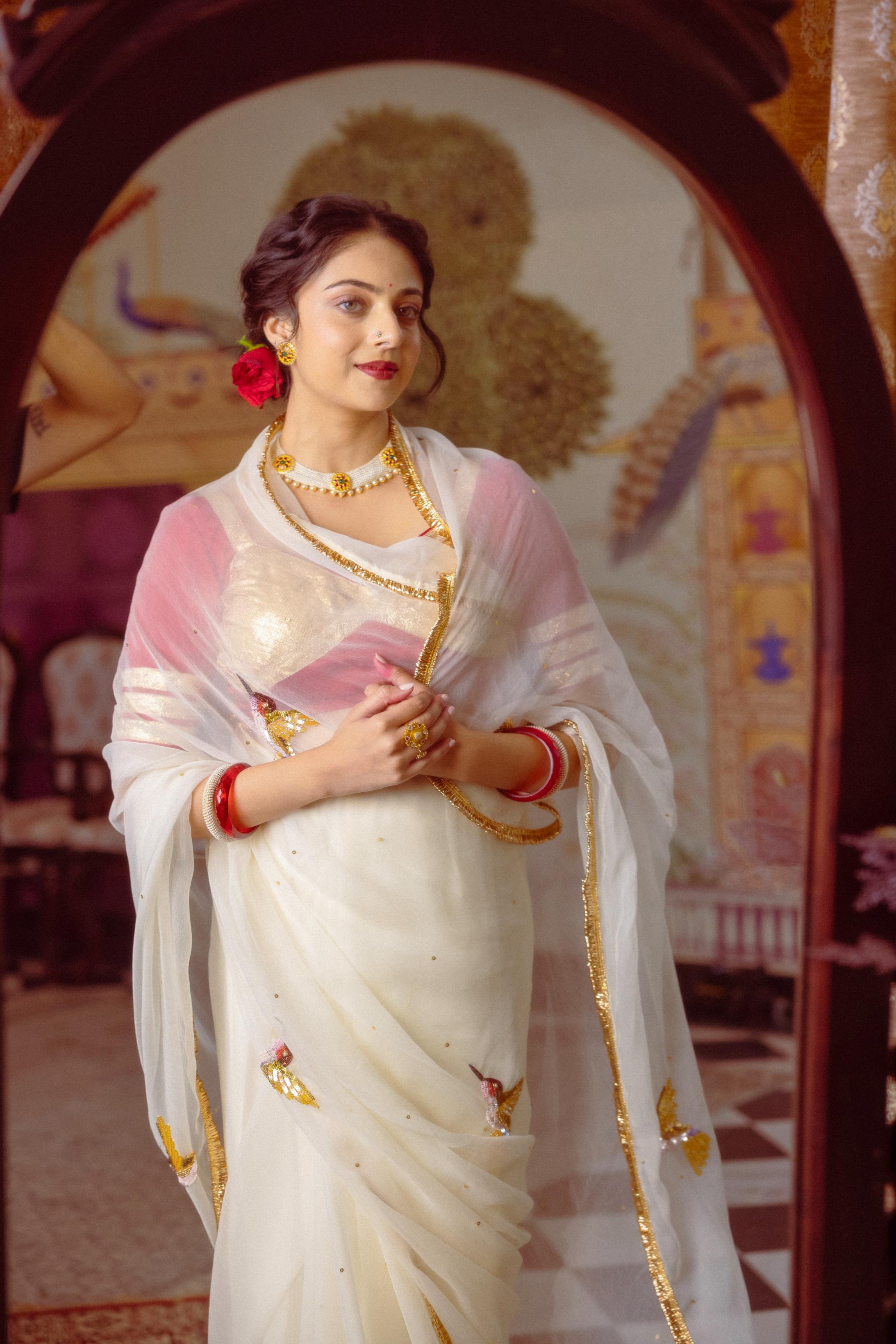 White Viscose Chiffon Aari Resham Sequins Handwork Saree