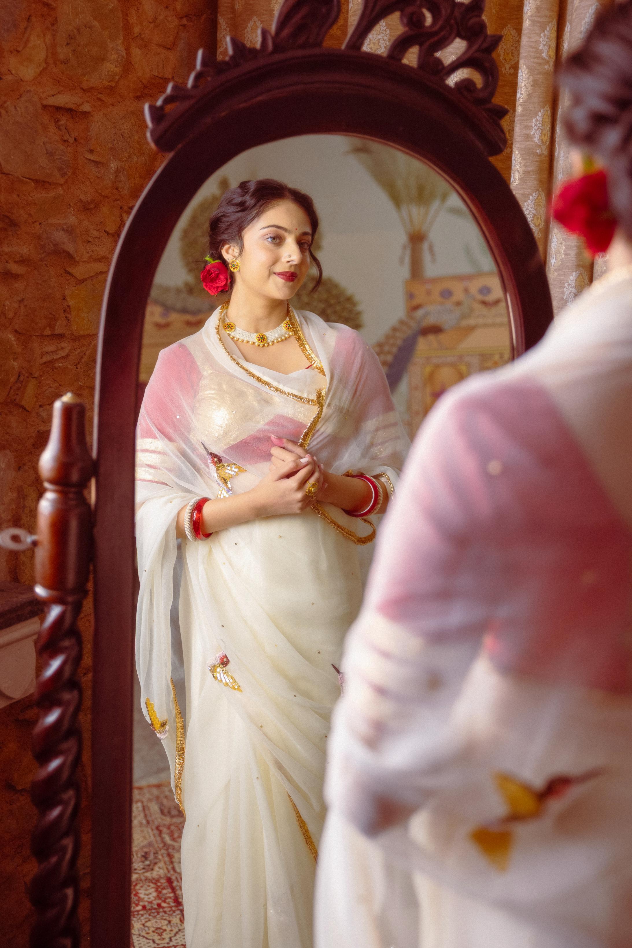 White Viscose Chiffon Aari Resham Sequins Handwork Saree