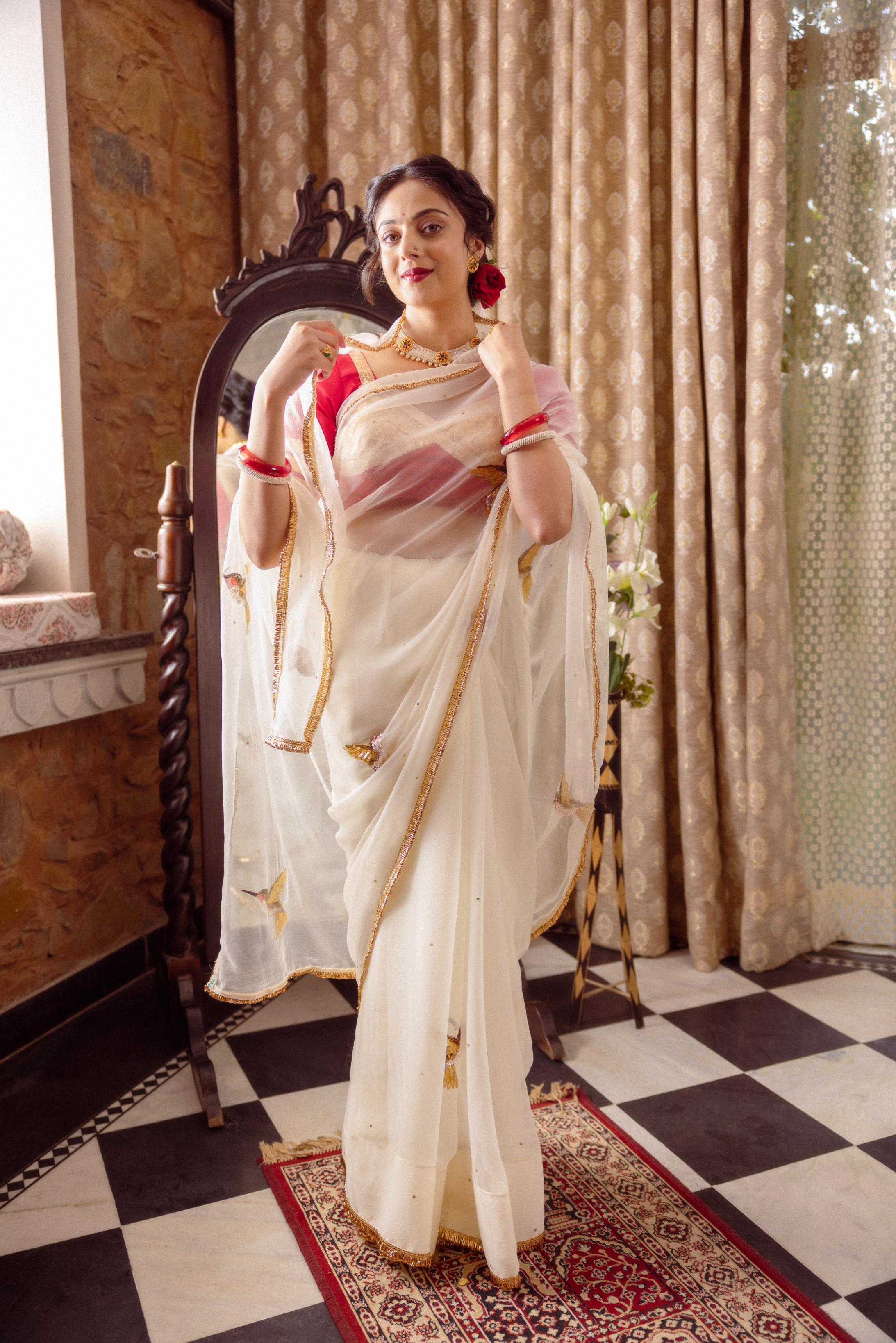 White Viscose Chiffon Aari Resham Sequins Handwork Saree