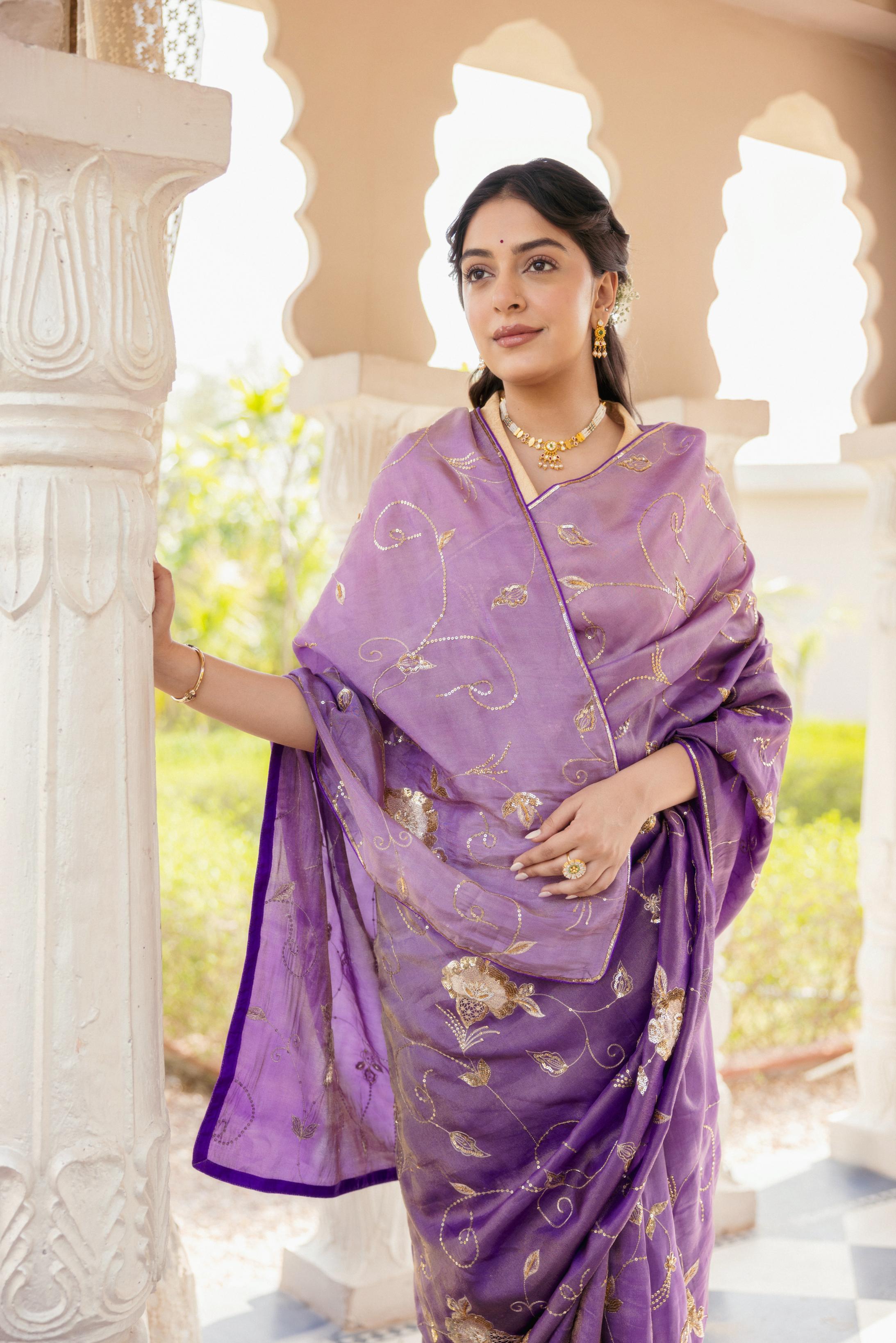 Purple Tissue Aari Tari Jaal work Saree Handwork Saree