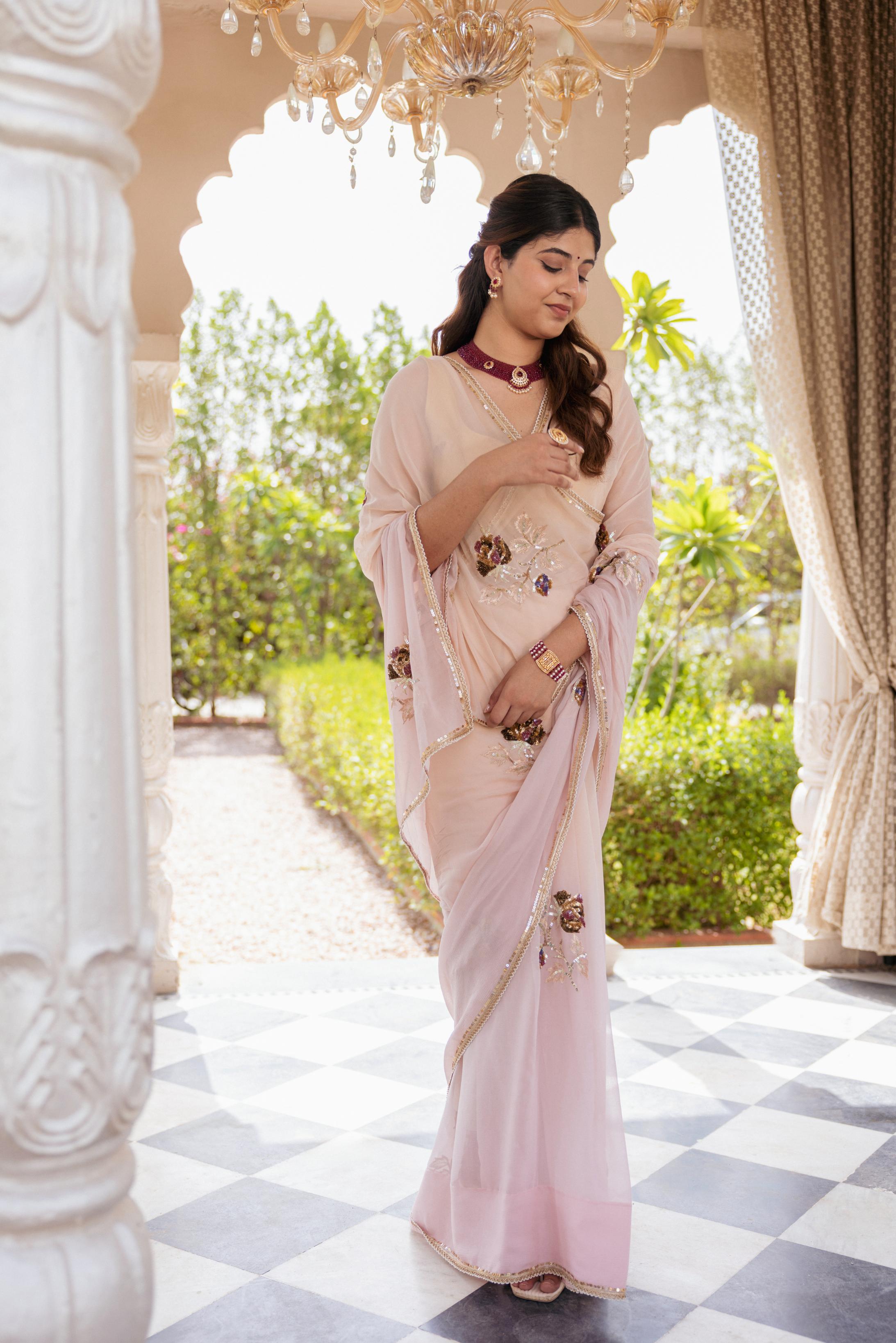 Baby Pink Pure Chiffon Aari Sequins Motif Handwork Saree