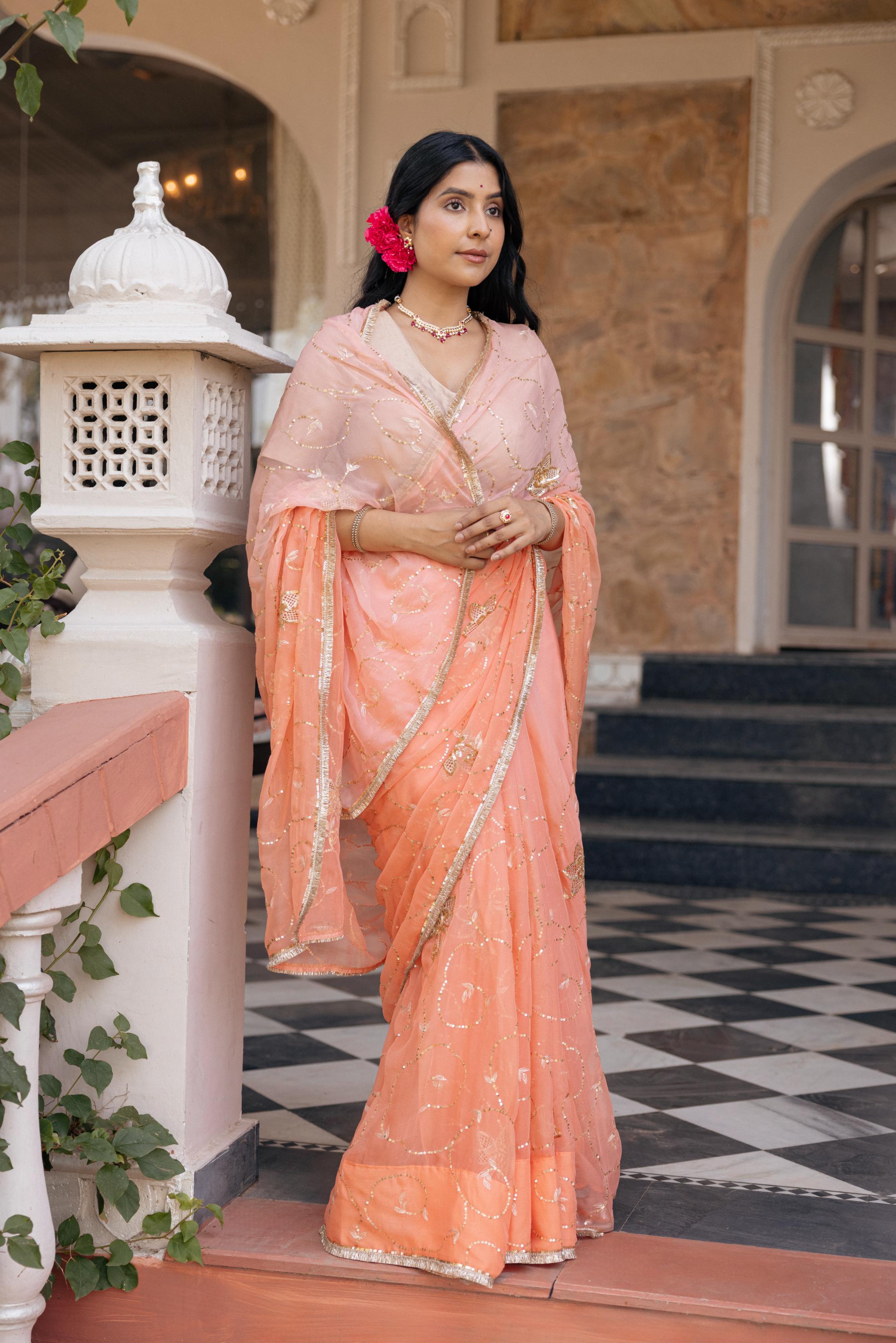 Peach Viscose Chiffon Aari Tari Jaal Cutwork Handwork Saree