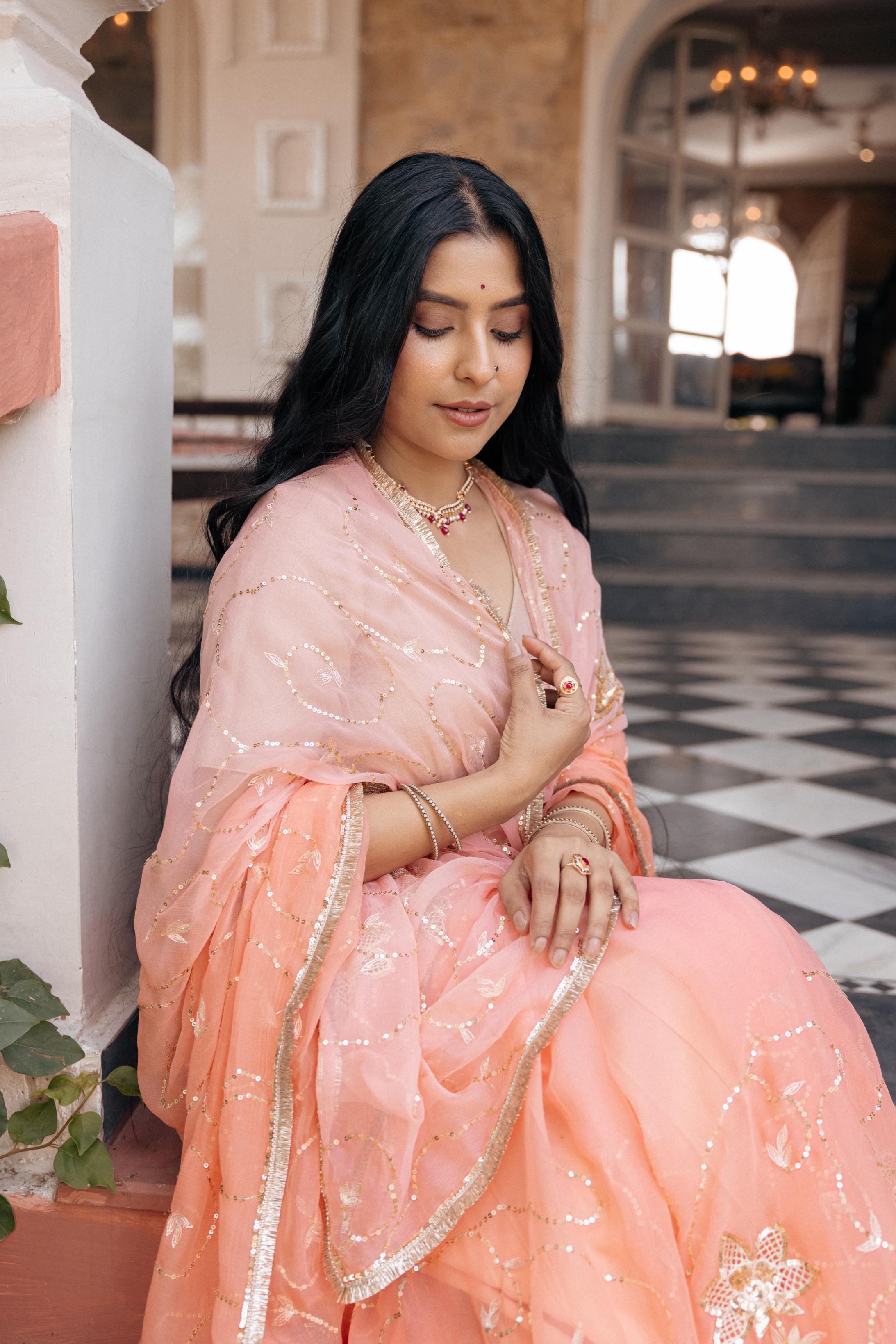 Peach Viscose Chiffon Aari Tari Jaal Cutwork Handwork Saree
