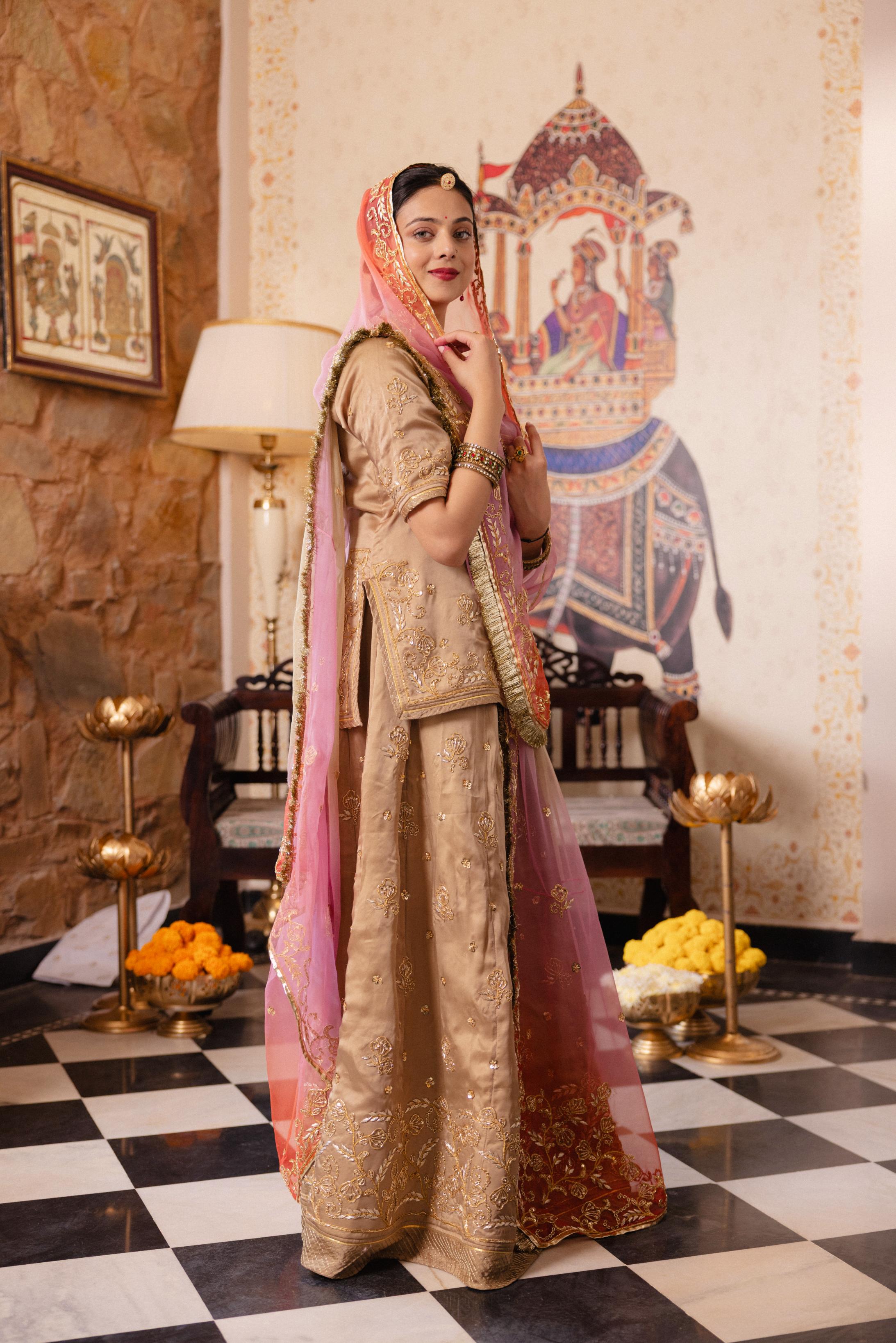 Chikku Bamber Satin Dori Zardozi Handwork Poshak (Unstitched)