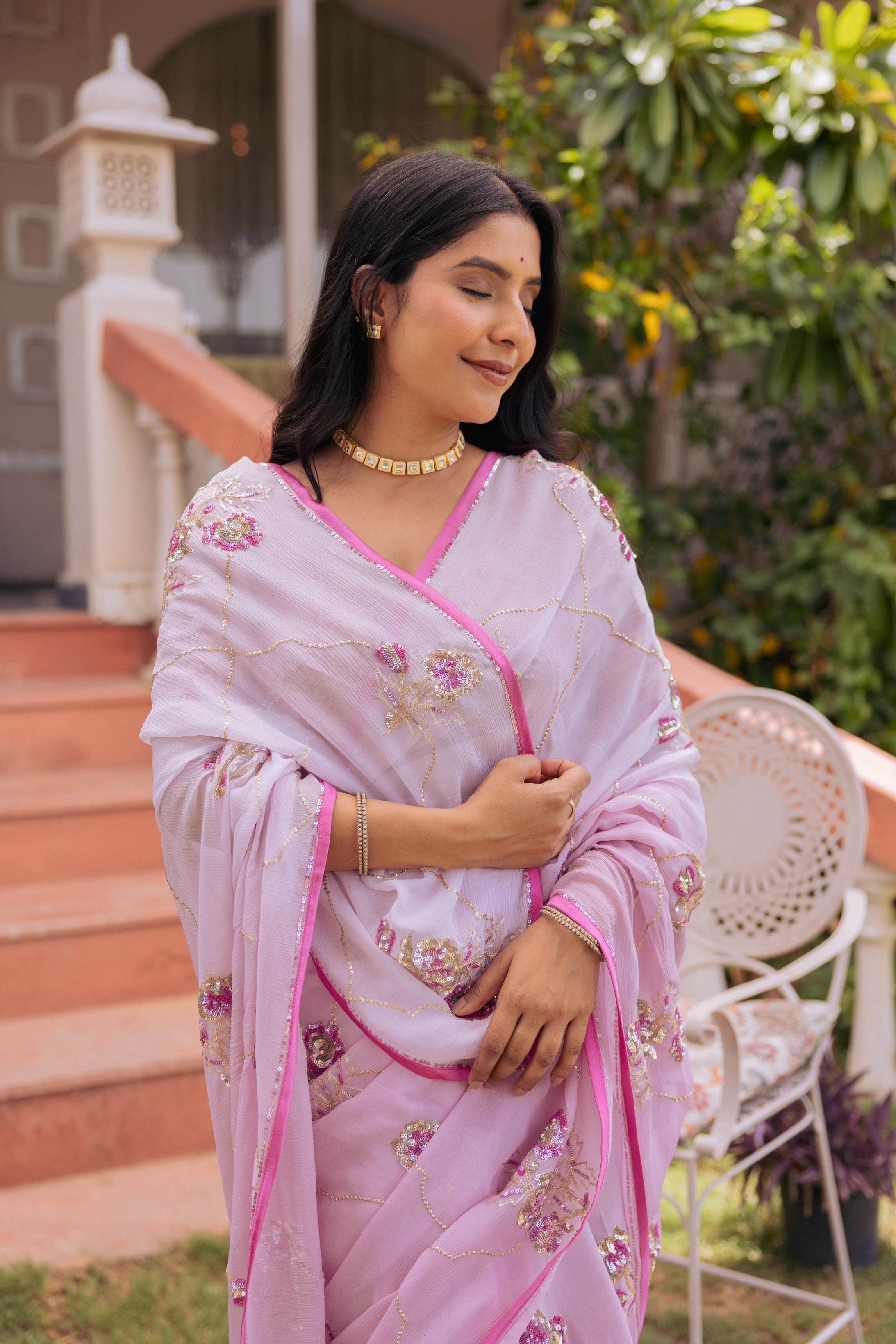 Lavender Pure Chiffon Aari Katori Jaal Handwork Saree