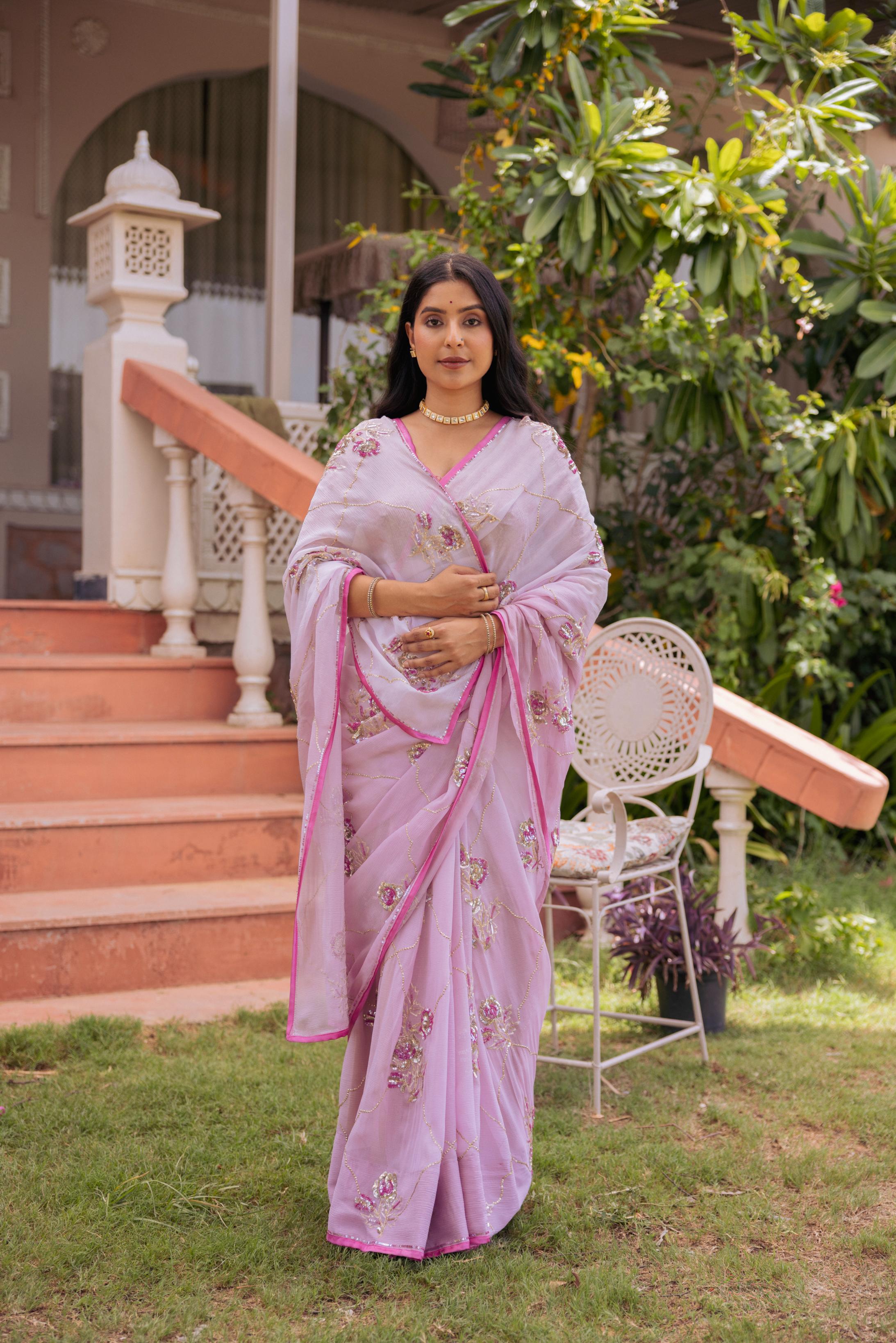 Lavender Pure Chiffon Aari Katori Jaal Handwork Saree