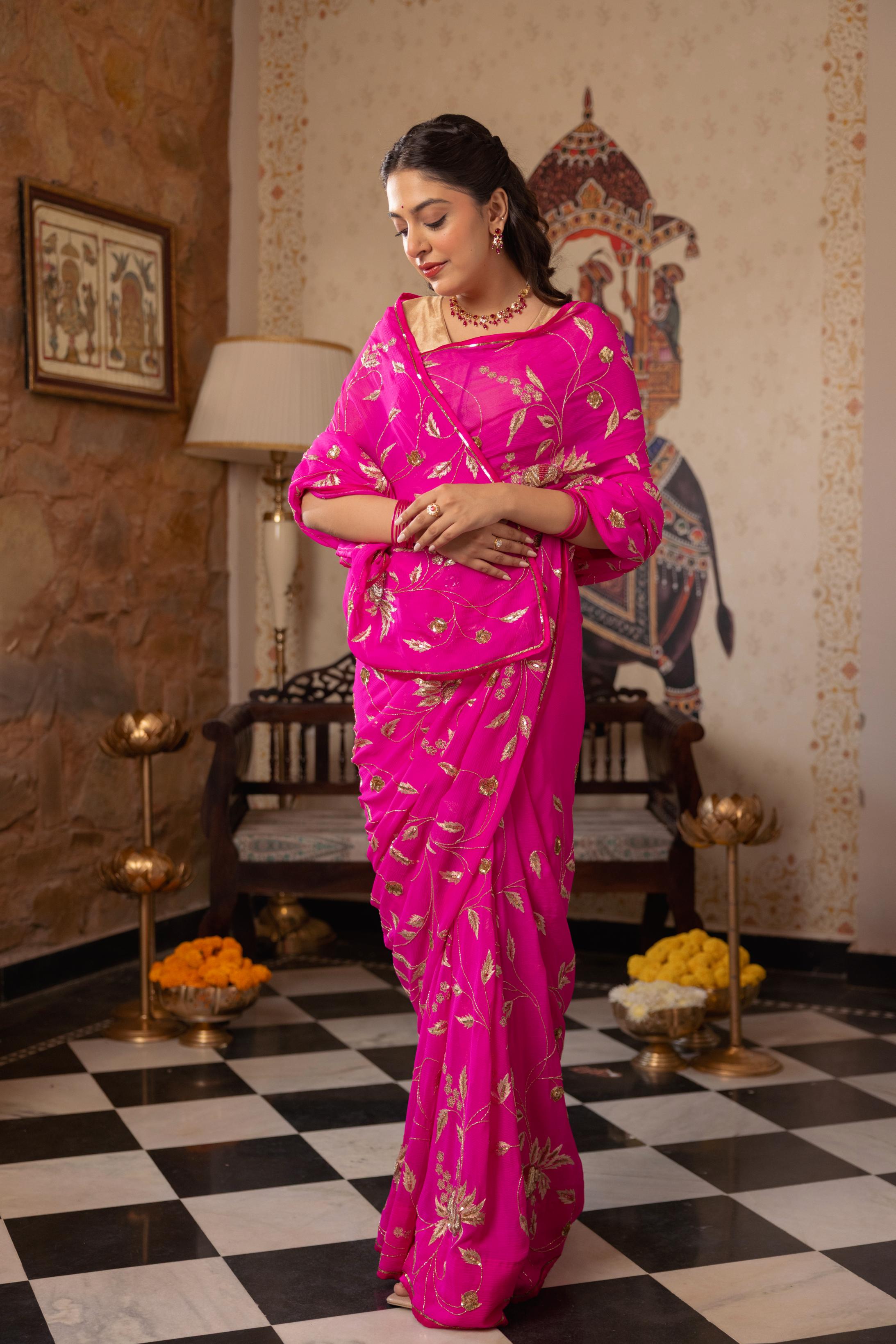 Neon Pink Pure Chiffon Aari Sequins Zardozi Jaal Handwork Saree