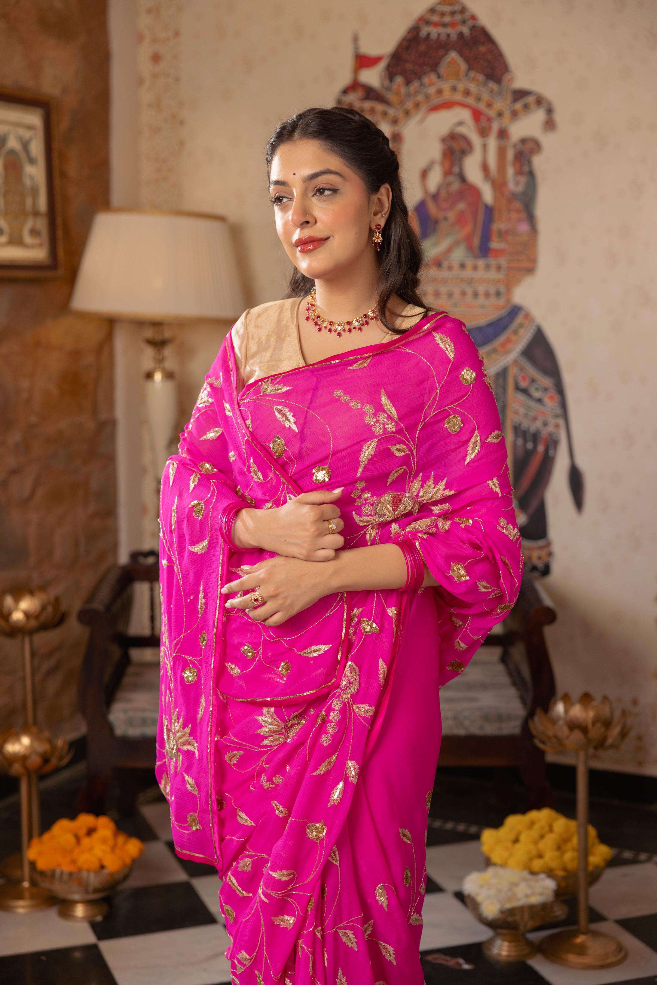 Neon Pink Pure Chiffon Aari Sequins Zardozi Jaal Handwork Saree