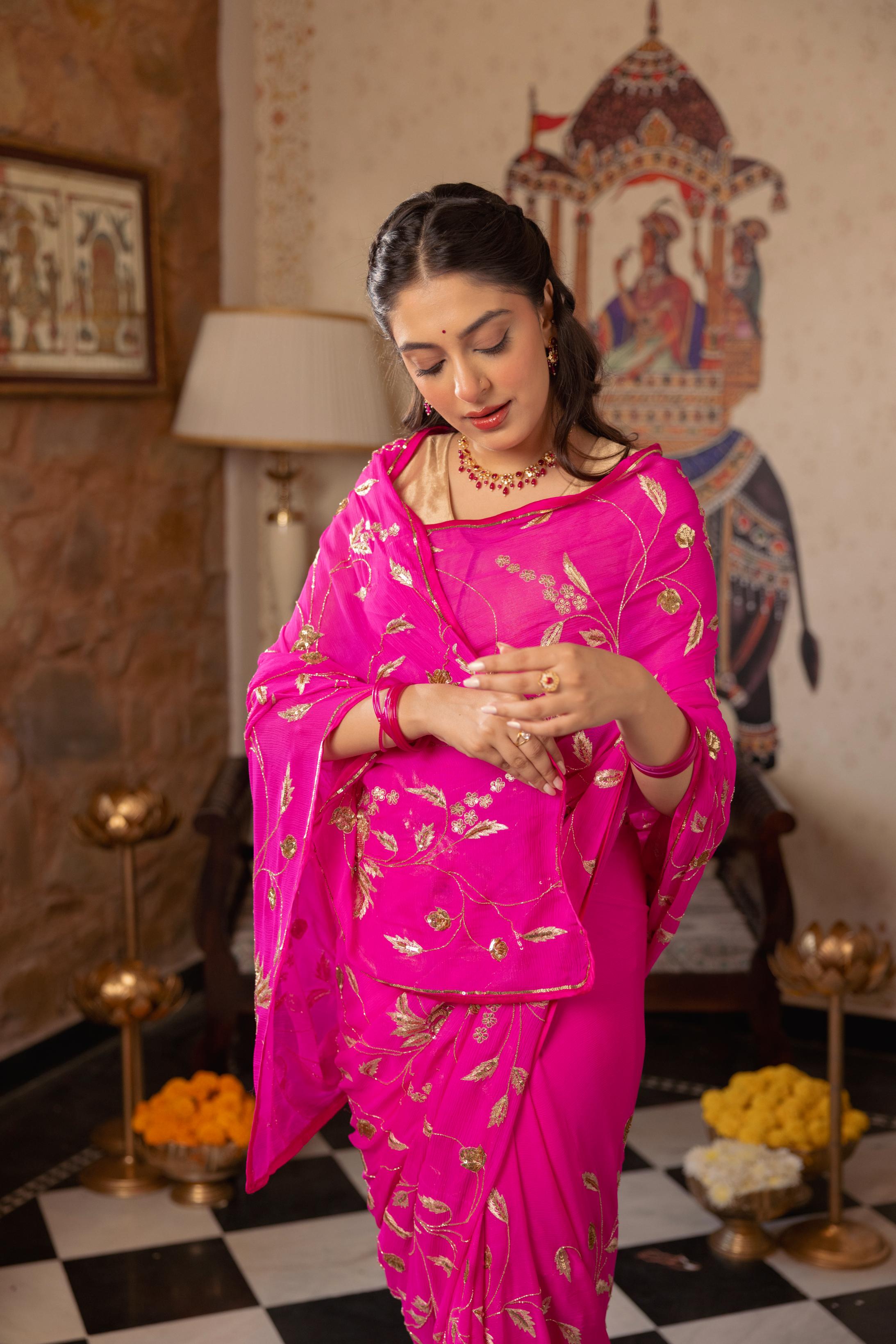 Neon Pink Pure Chiffon Aari Sequins Zardozi Jaal Handwork Saree