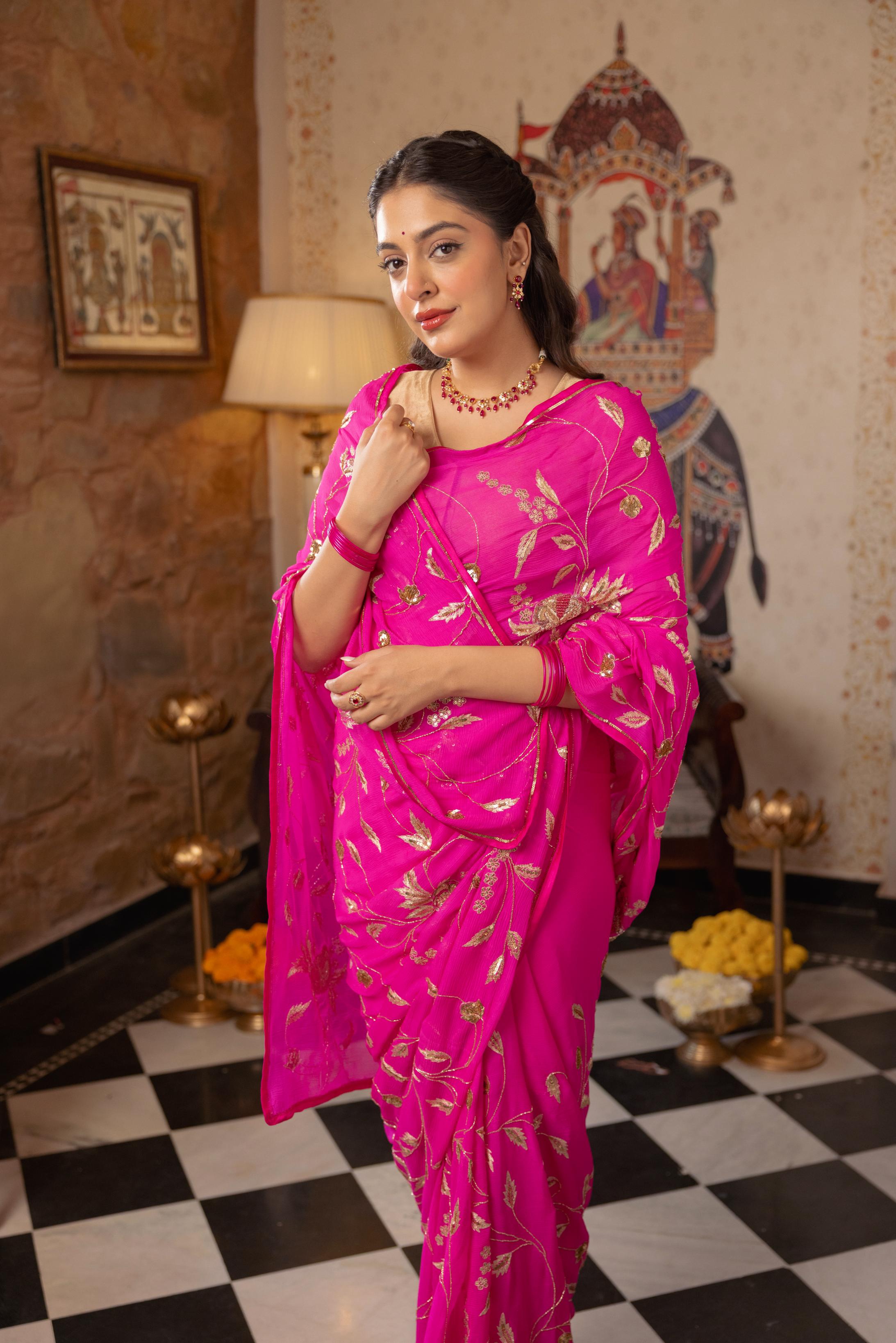 Neon Pink Pure Chiffon Aari Sequins Zardozi Jaal Handwork Saree