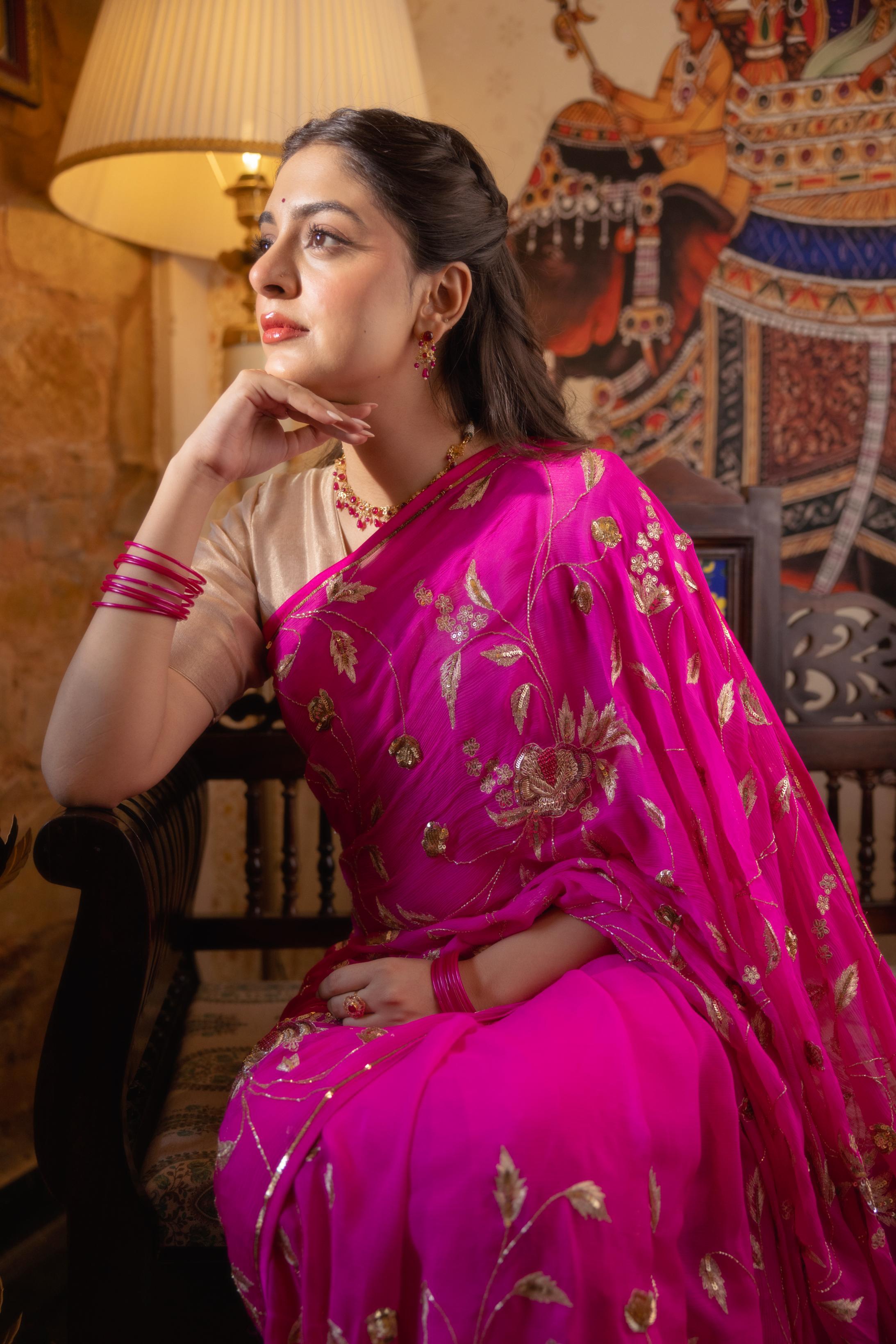Neon Pink Pure Chiffon Aari Sequins Zardozi Jaal Handwork Saree