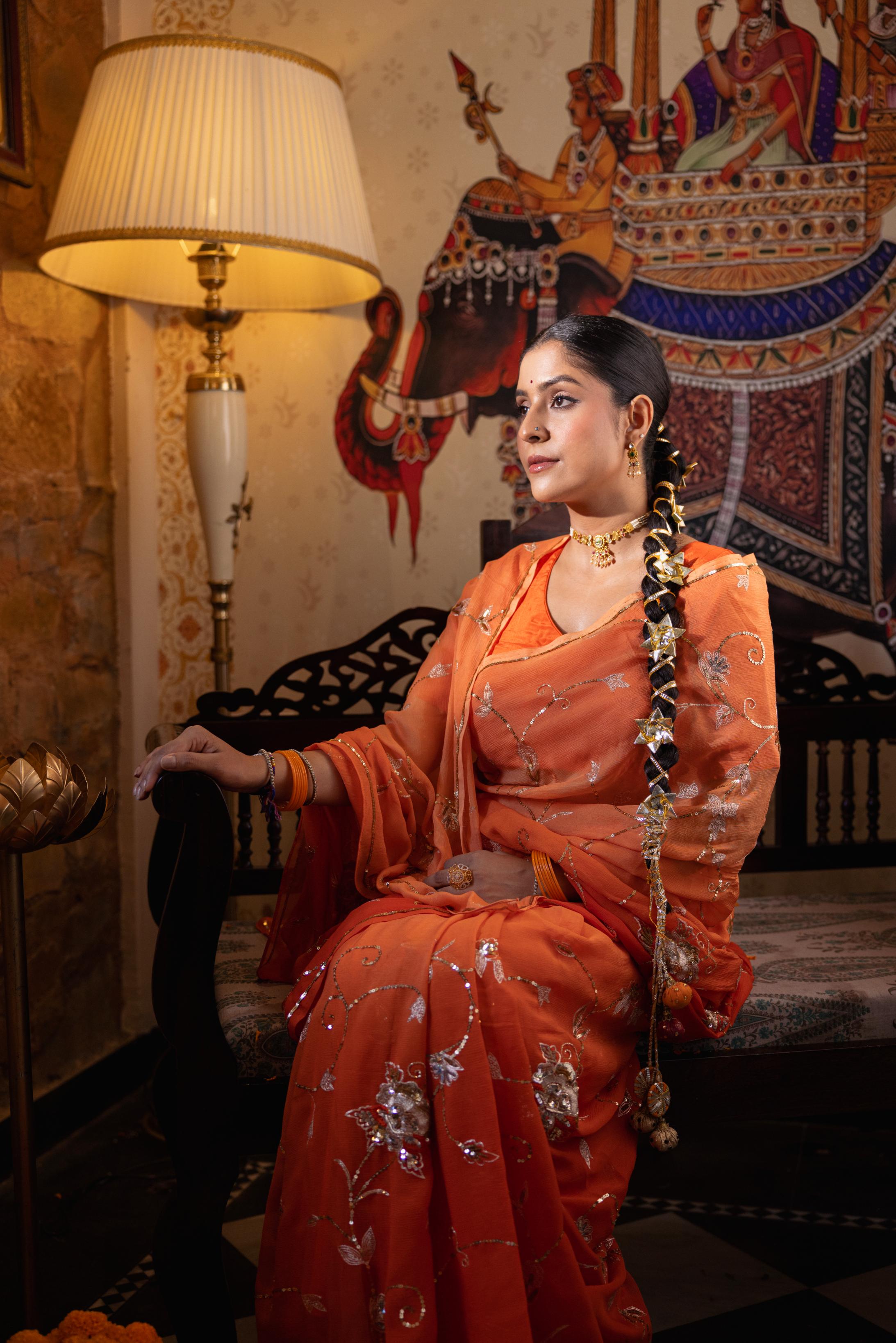 Orange Pure Chiffon Aari Sequins Jaal Handwork Saree