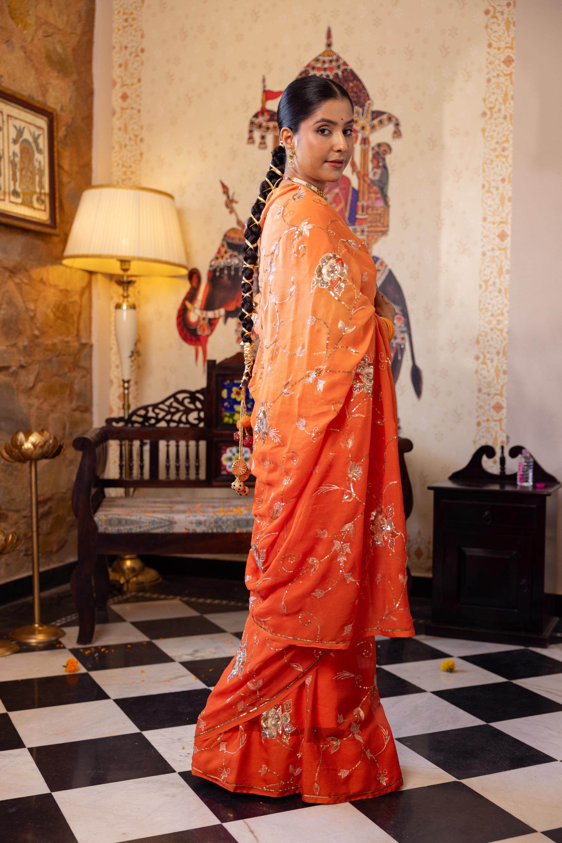 Orange Pure Chiffon Aari Sequins Jaal Handwork Saree