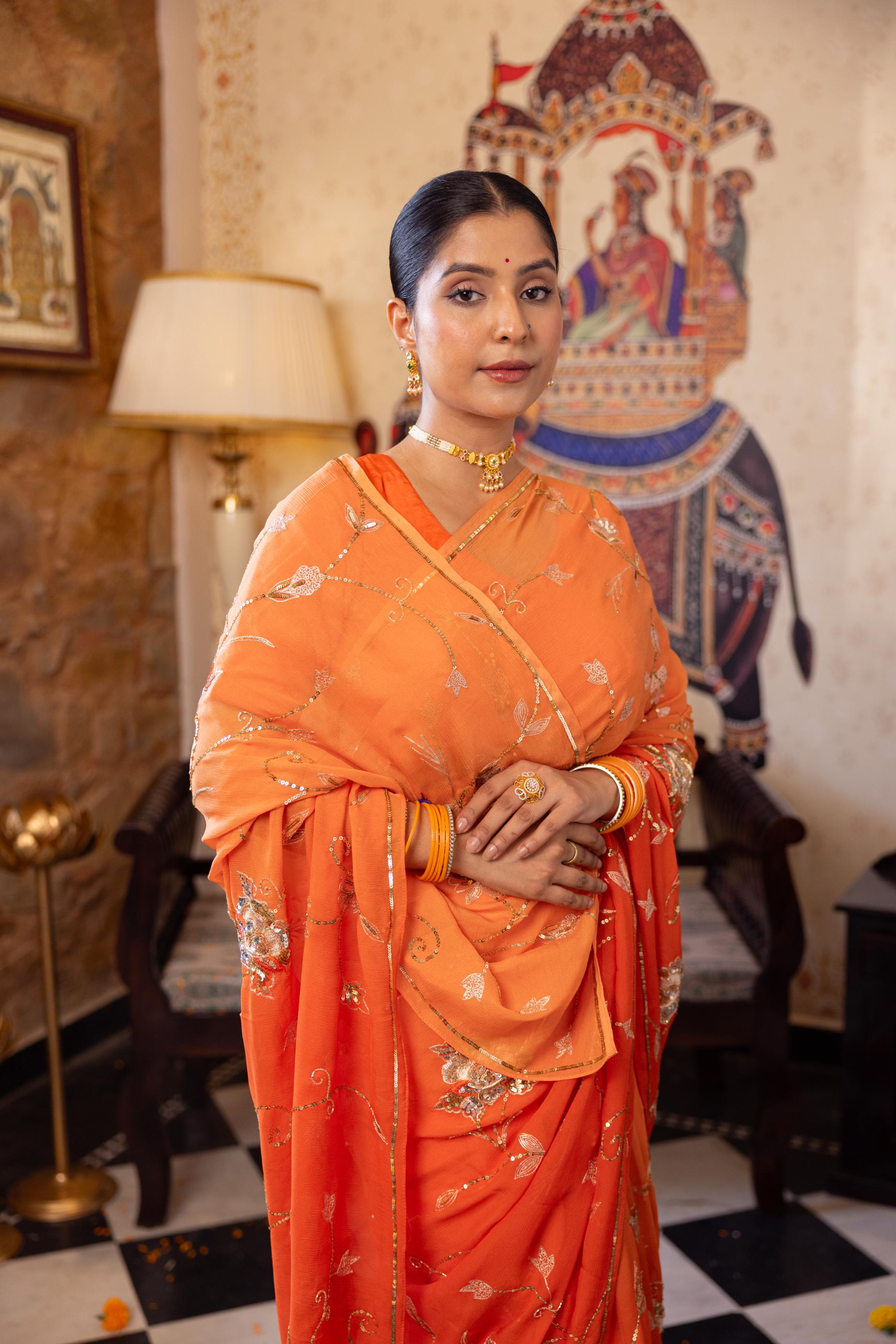 Orange Pure Chiffon Aari Sequins Jaal Handwork Saree