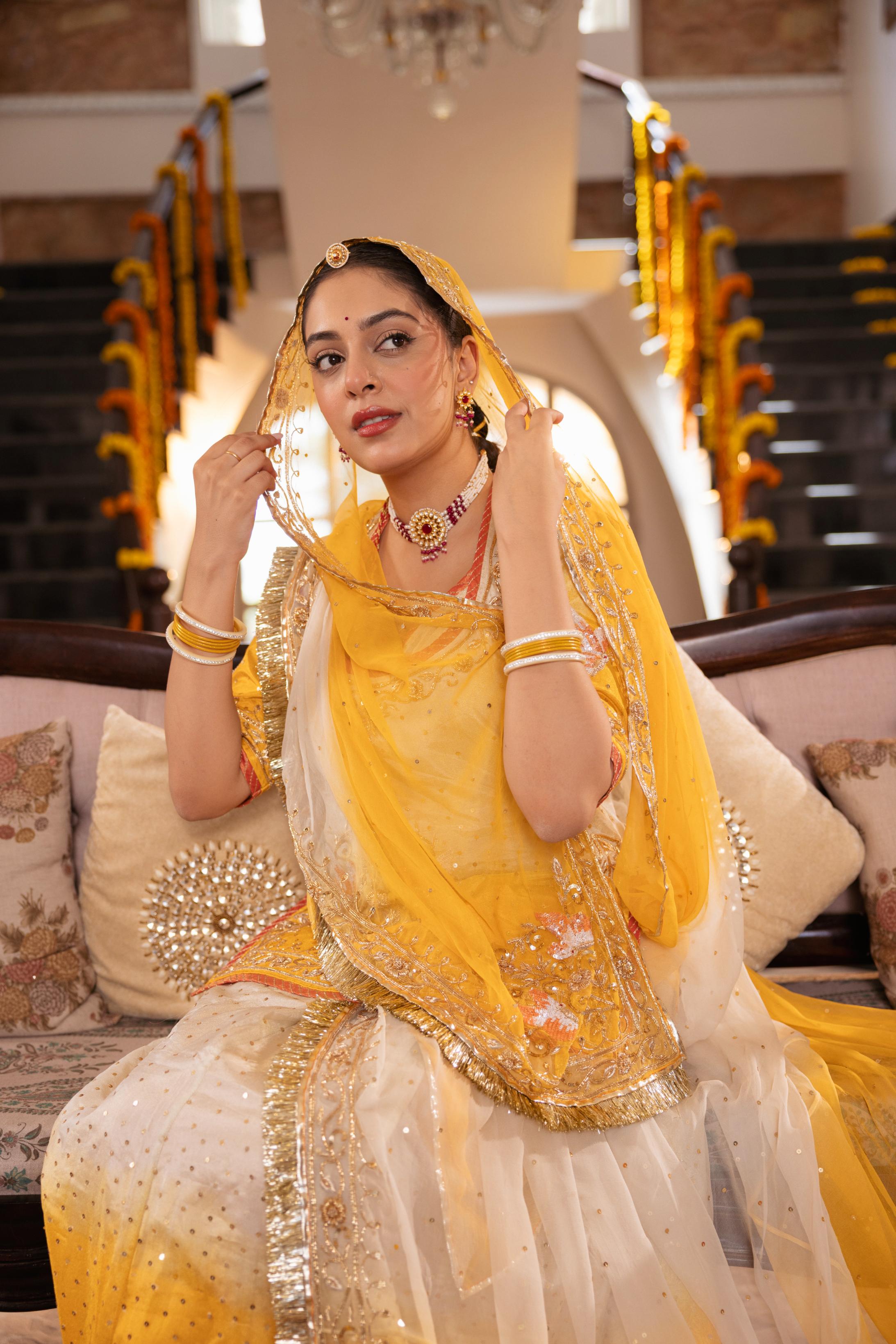 Yellow White Ombre Tissue Zardozi Handwork Poshak (Unstitched)