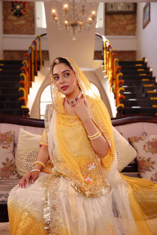 Yellow White Ombre Tissue Zardozi Handwork Poshak (Unstitched)