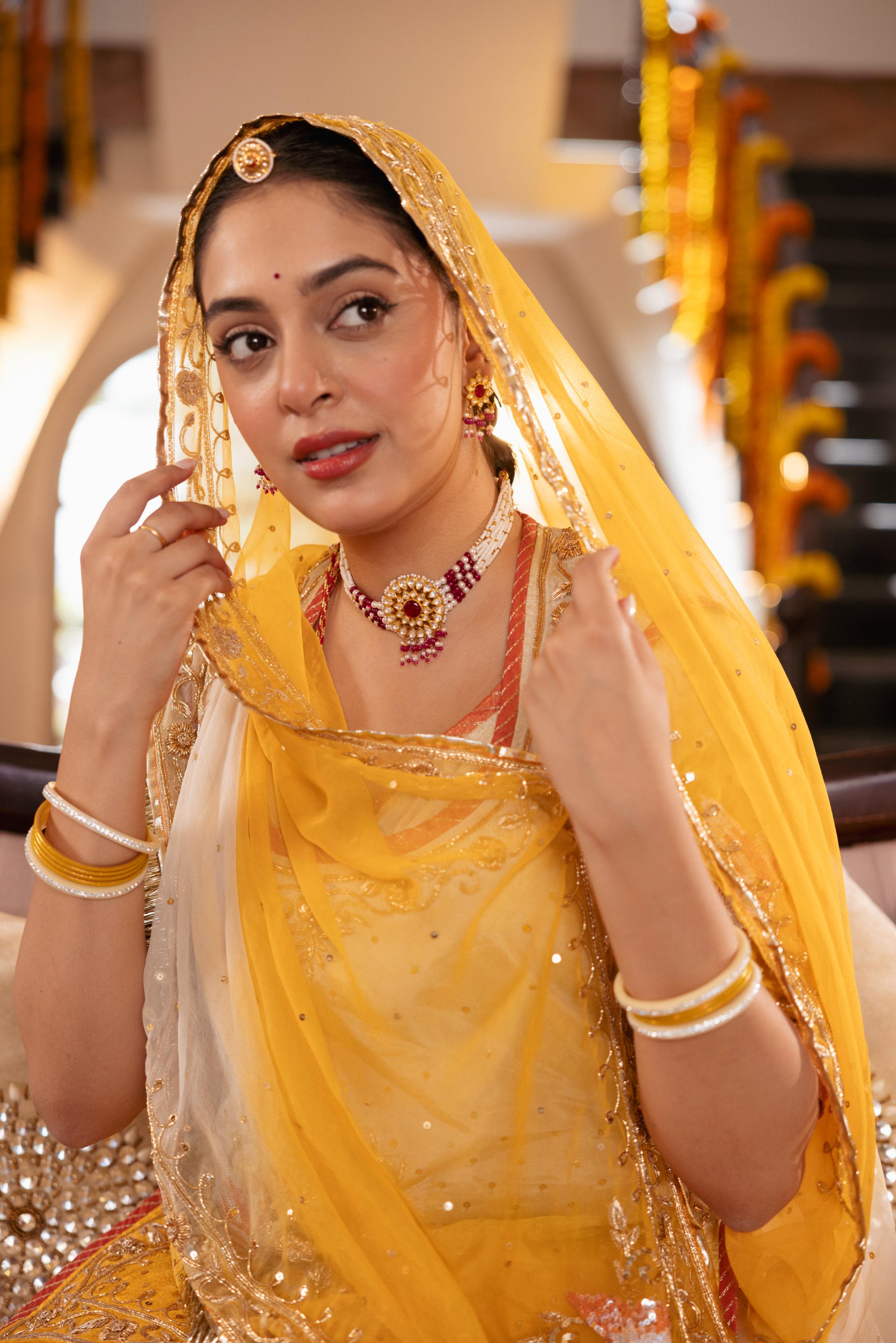 Yellow White Ombre Tissue Zardozi Handwork Poshak (Unstitched)