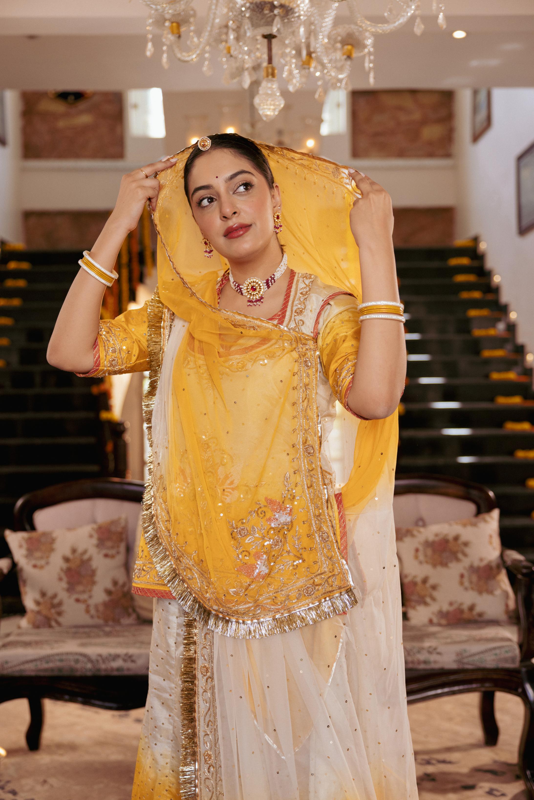Yellow White Ombre Tissue Zardozi Handwork Poshak (Unstitched)