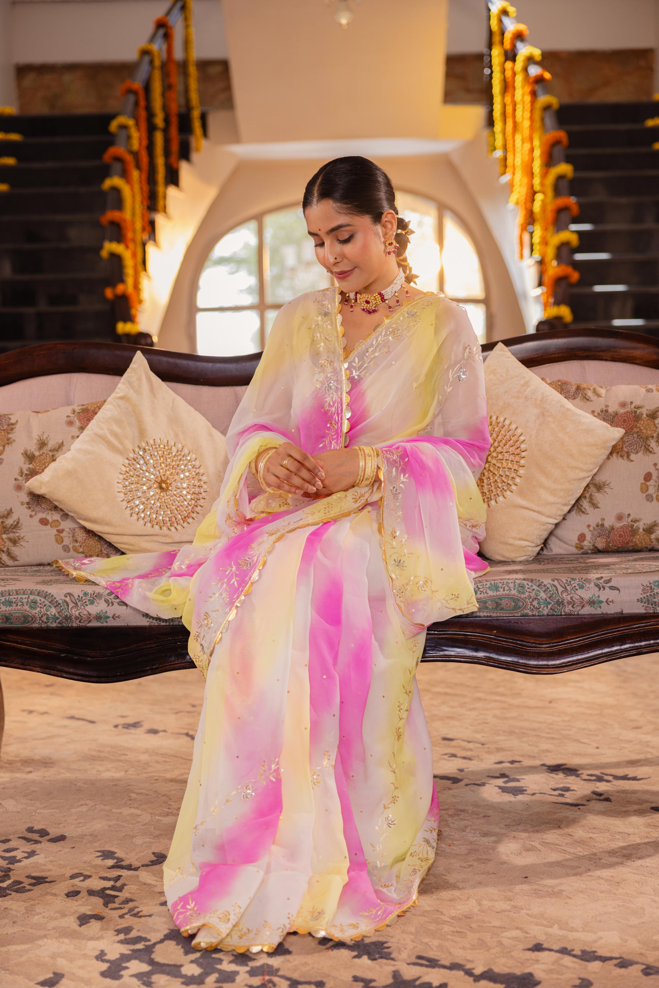 Samundar Leher Pure Chiffon Aari Tari Handwork Saree