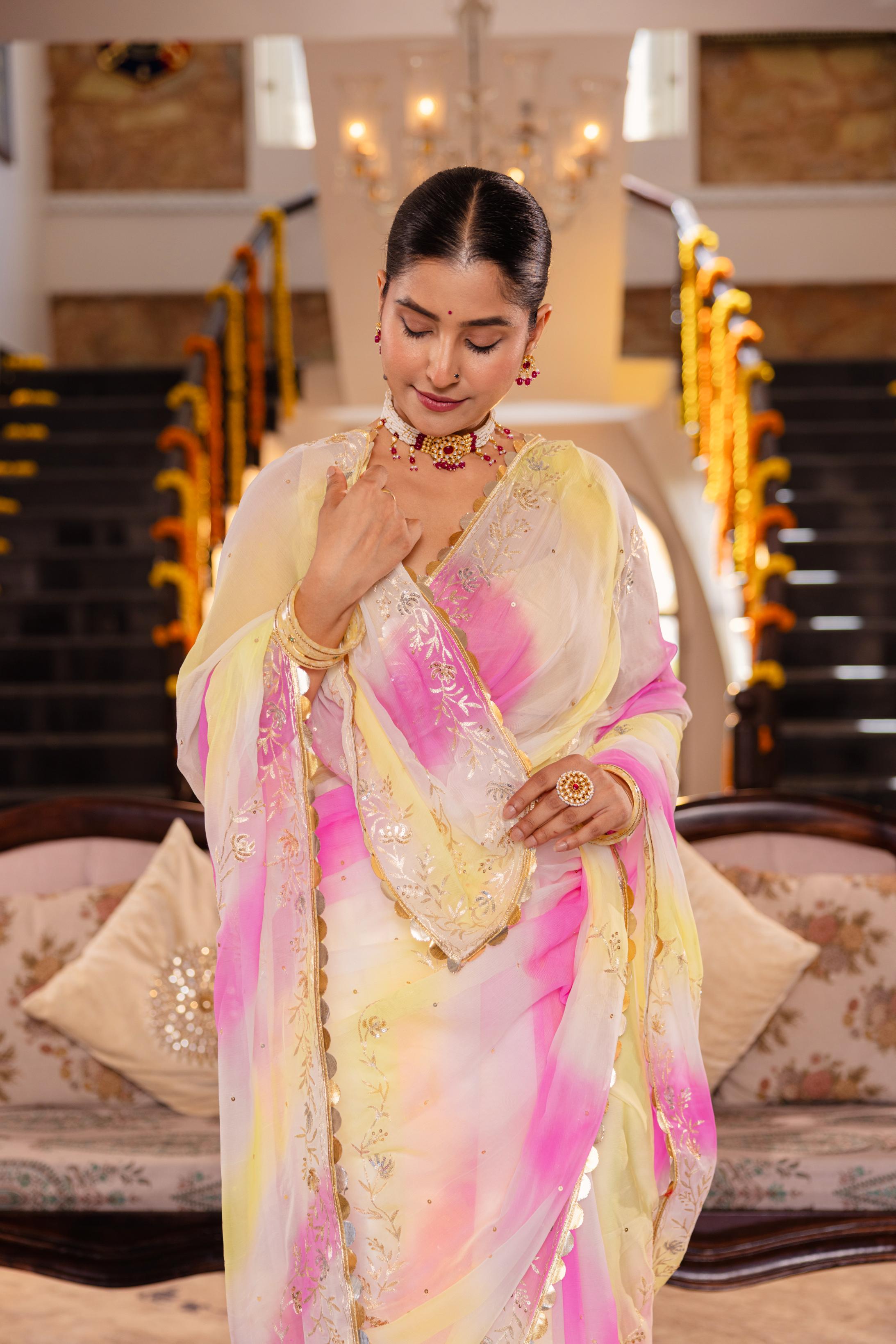 Samundar Leher Pure Chiffon Aari Tari Handwork Saree