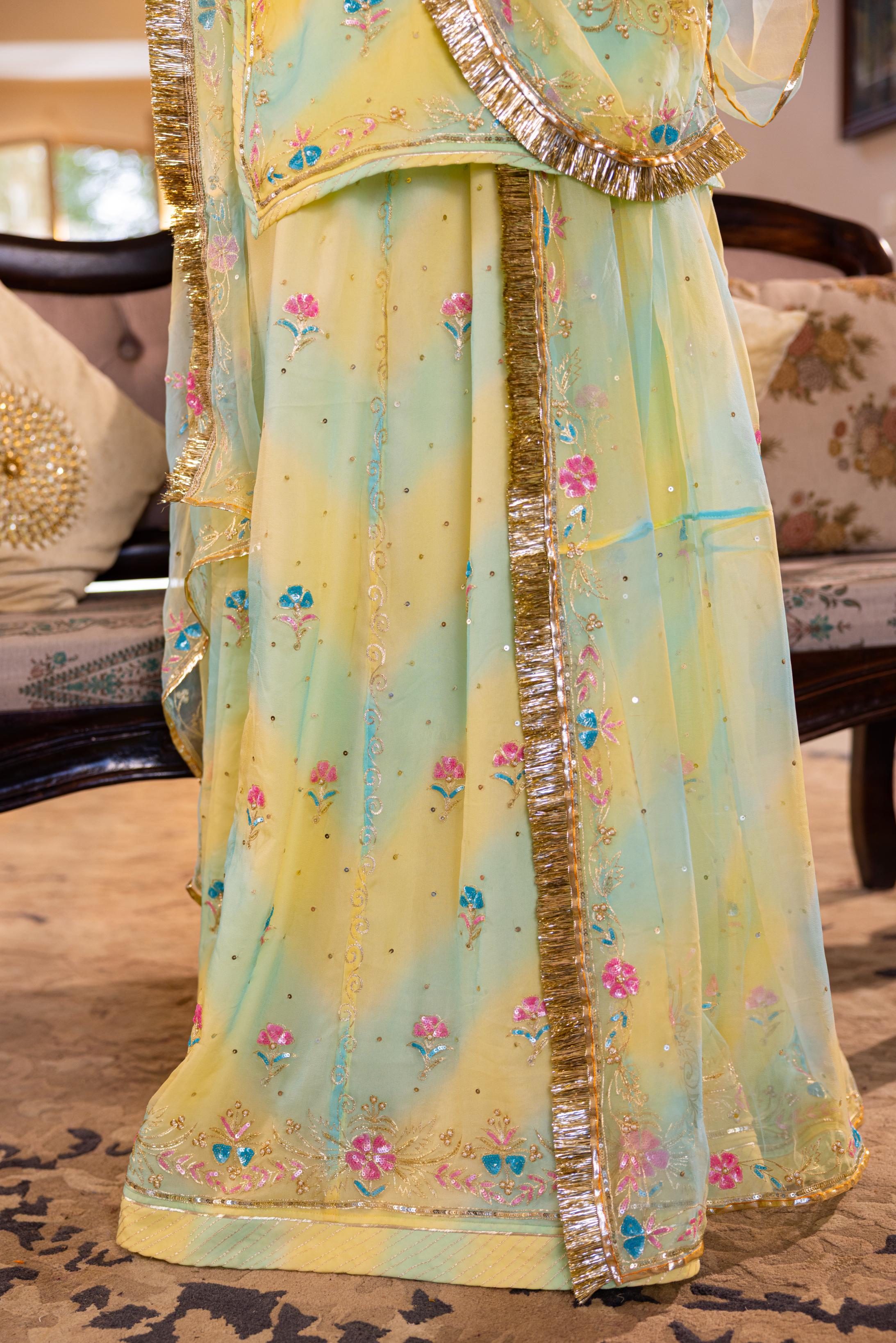 Samundar Leher 20 grms Pure Georgette Aari Sequins Kardana Handwork Poshak (Unstitched)