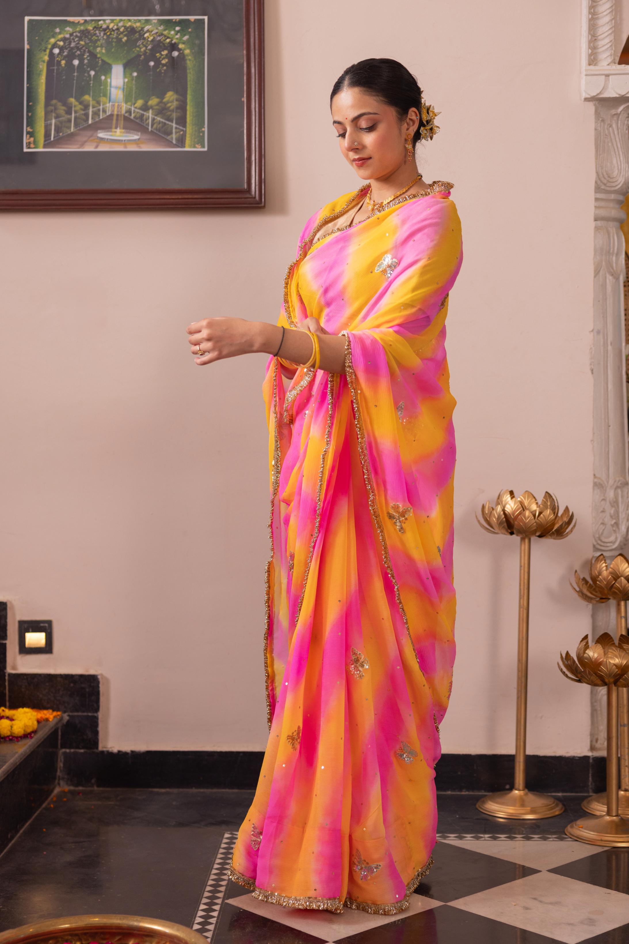 Samundar Leher Pure Chiffon Aari Sequins Motif Handwork Saree