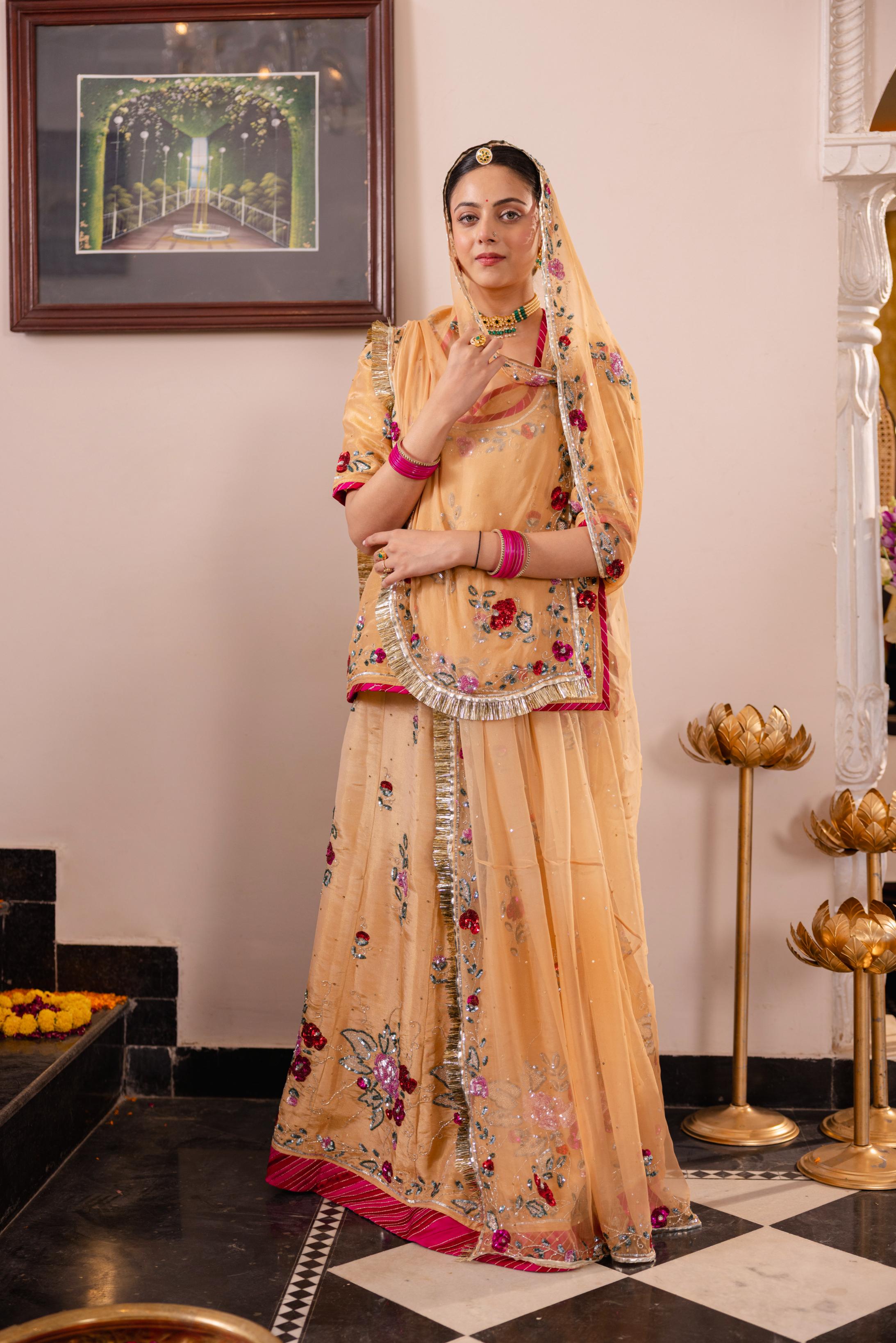 Beige Tissue Sequins Kardana Handwork Poshak (Unstitched)