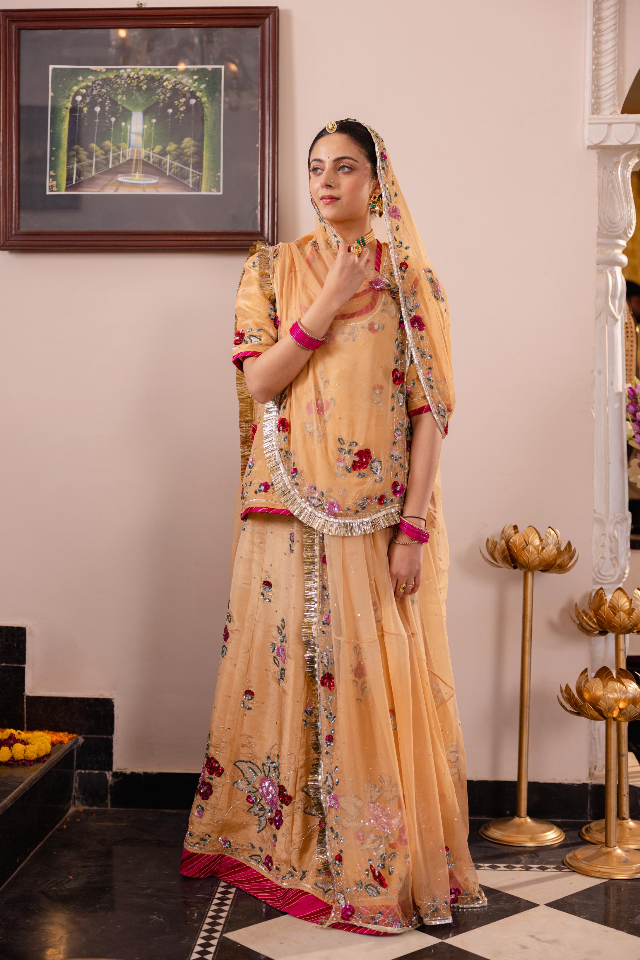 Beige Tissue Sequins Kardana Handwork Poshak (Unstitched)