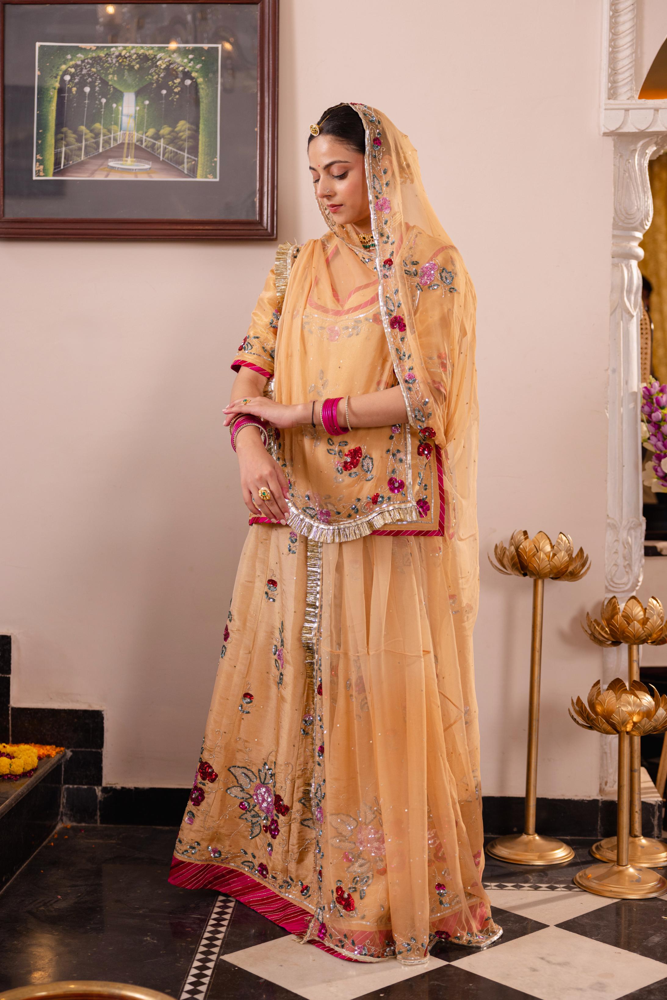 Beige Tissue Sequins Kardana Handwork Poshak (Unstitched)