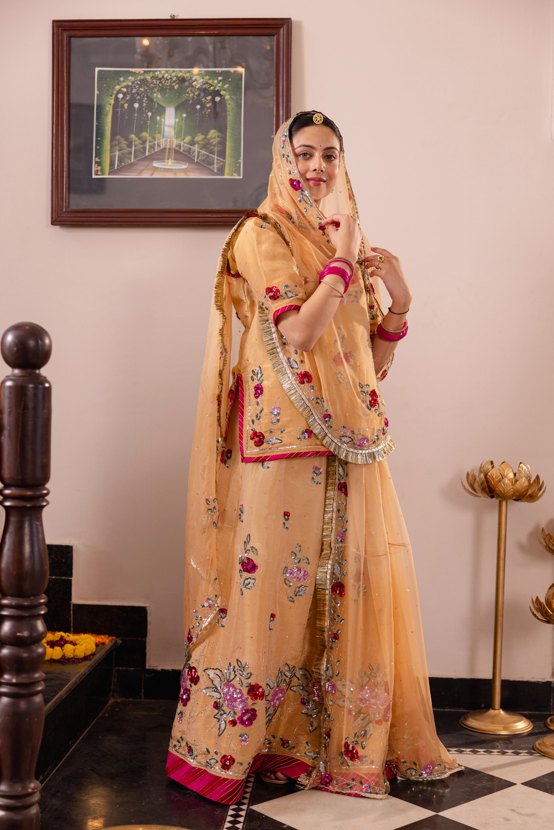 Beige Tissue Sequins Kardana Handwork Poshak (Unstitched)