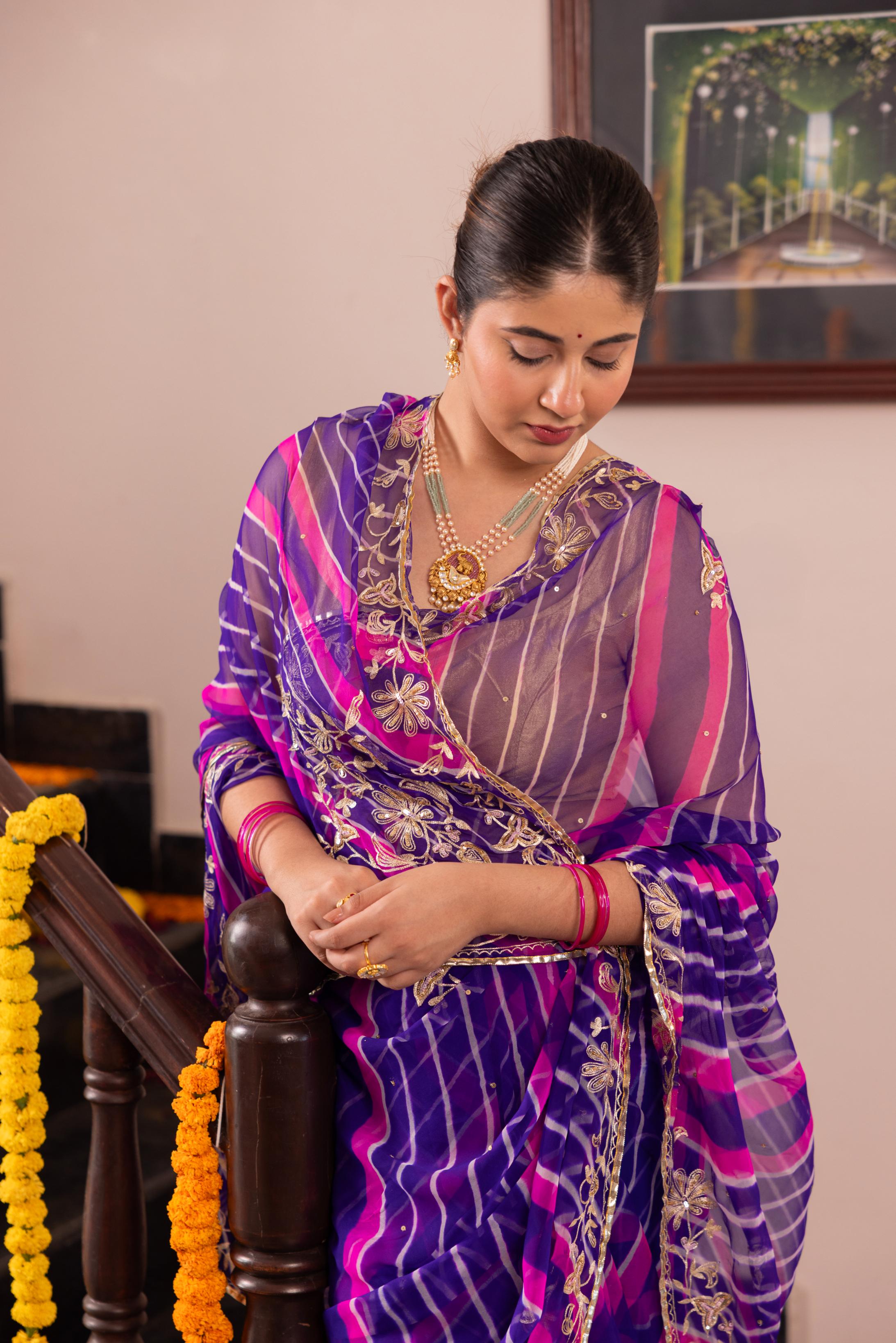 Purple Rani Leheriya 20 grms Pure Georgette Aari Tari Handwork Saree