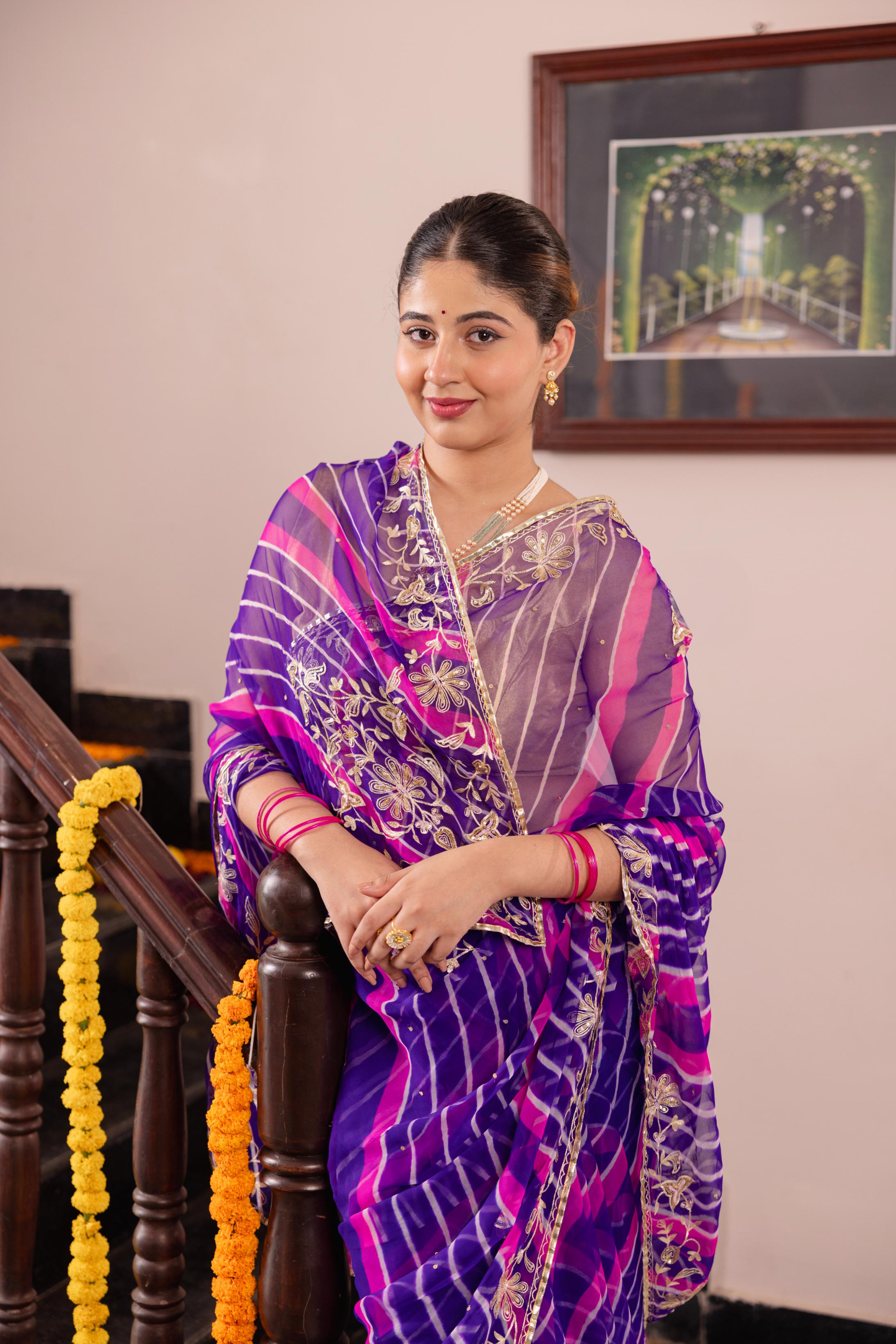 Purple Rani Leheriya 20 grms Pure Georgette Aari Tari Handwork Saree