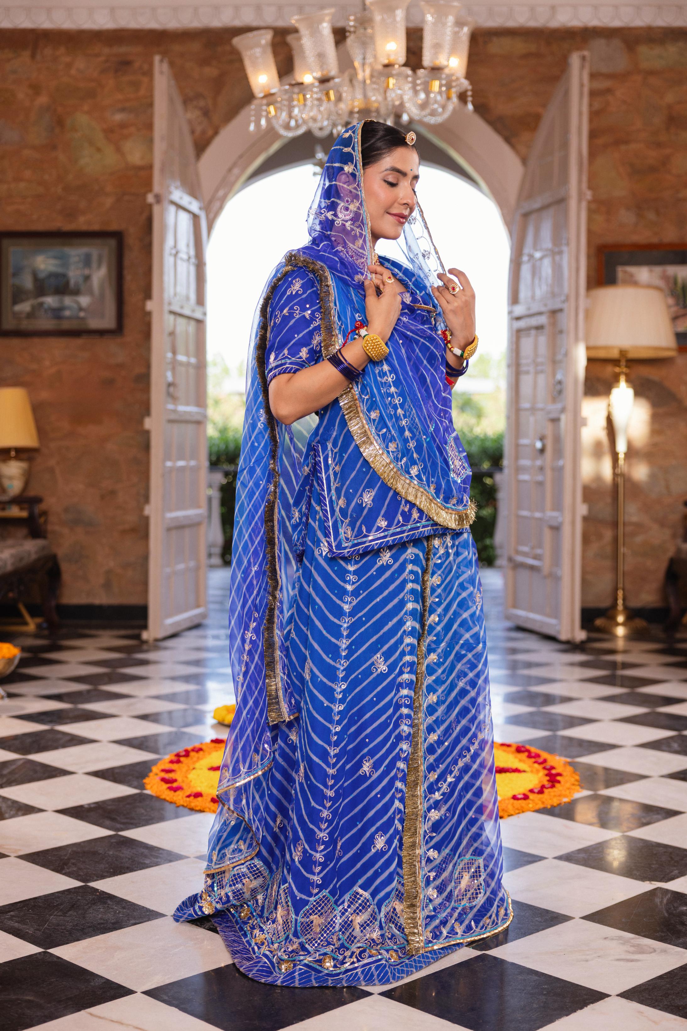 Royal Blue 20 grms Pure Georgette AAri Sequins Cutwork Handwork Poshak (Unstitched)