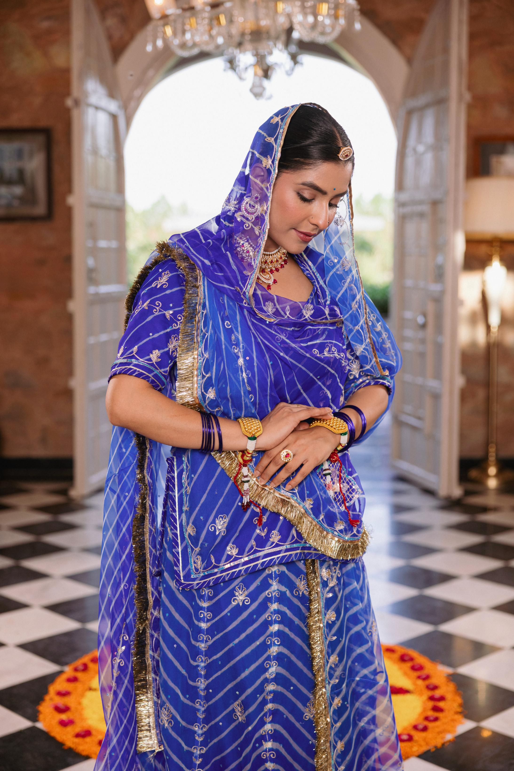 Royal Blue 20 grms Pure Georgette AAri Sequins Cutwork Handwork Poshak (Unstitched)
