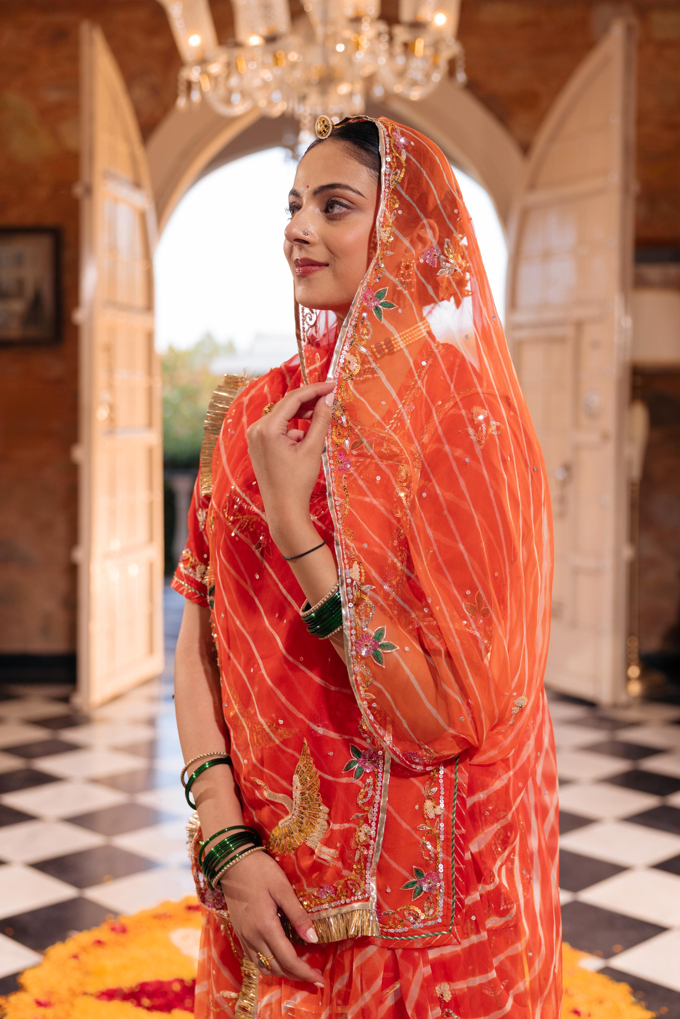 Orange 20 grms Pure Georgette Aari Sequins Resham Handwork Poshak (Unstitched)