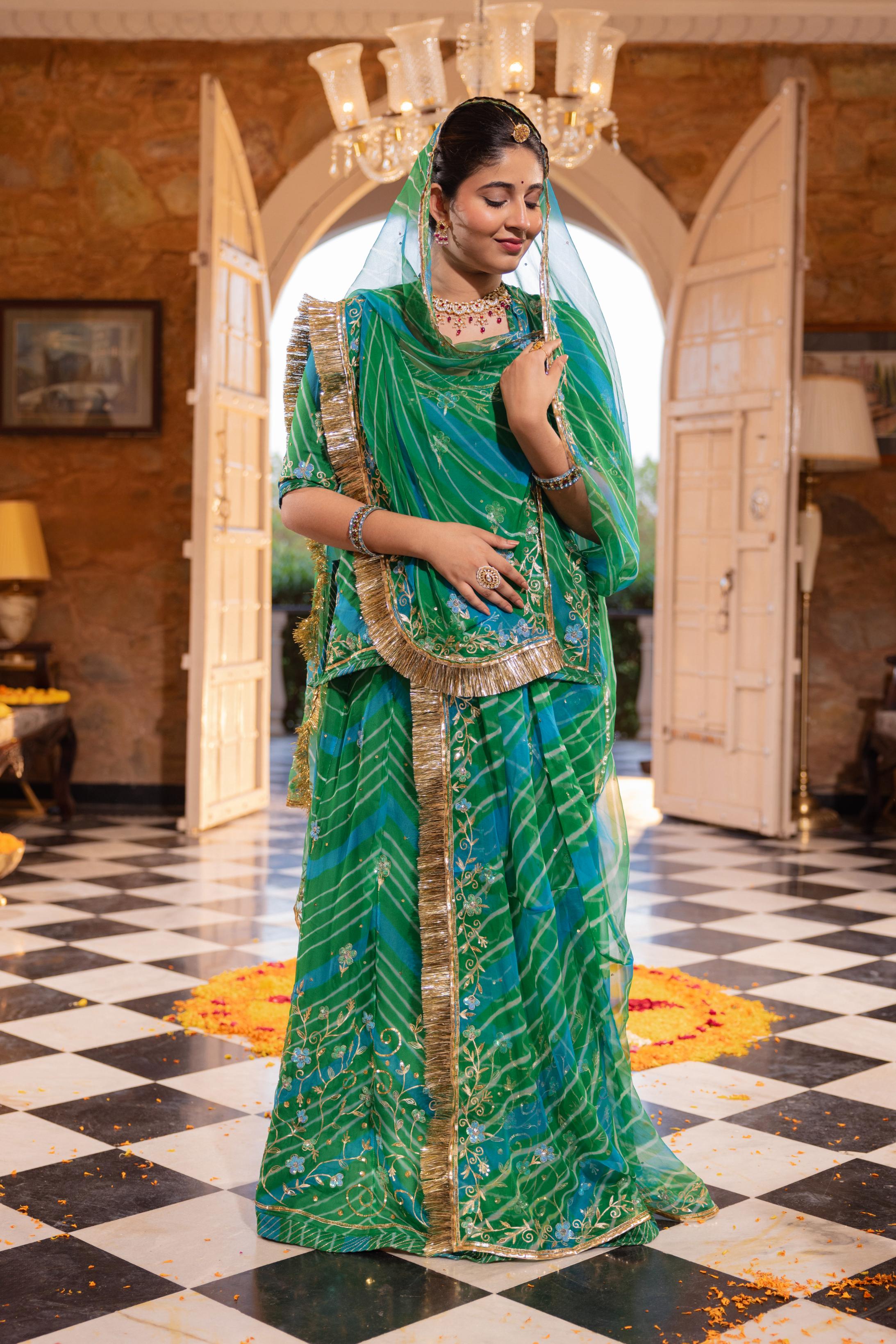 Green 20 grms Pure Georgette Aari Tari Handwork Poshak (Unstitched)