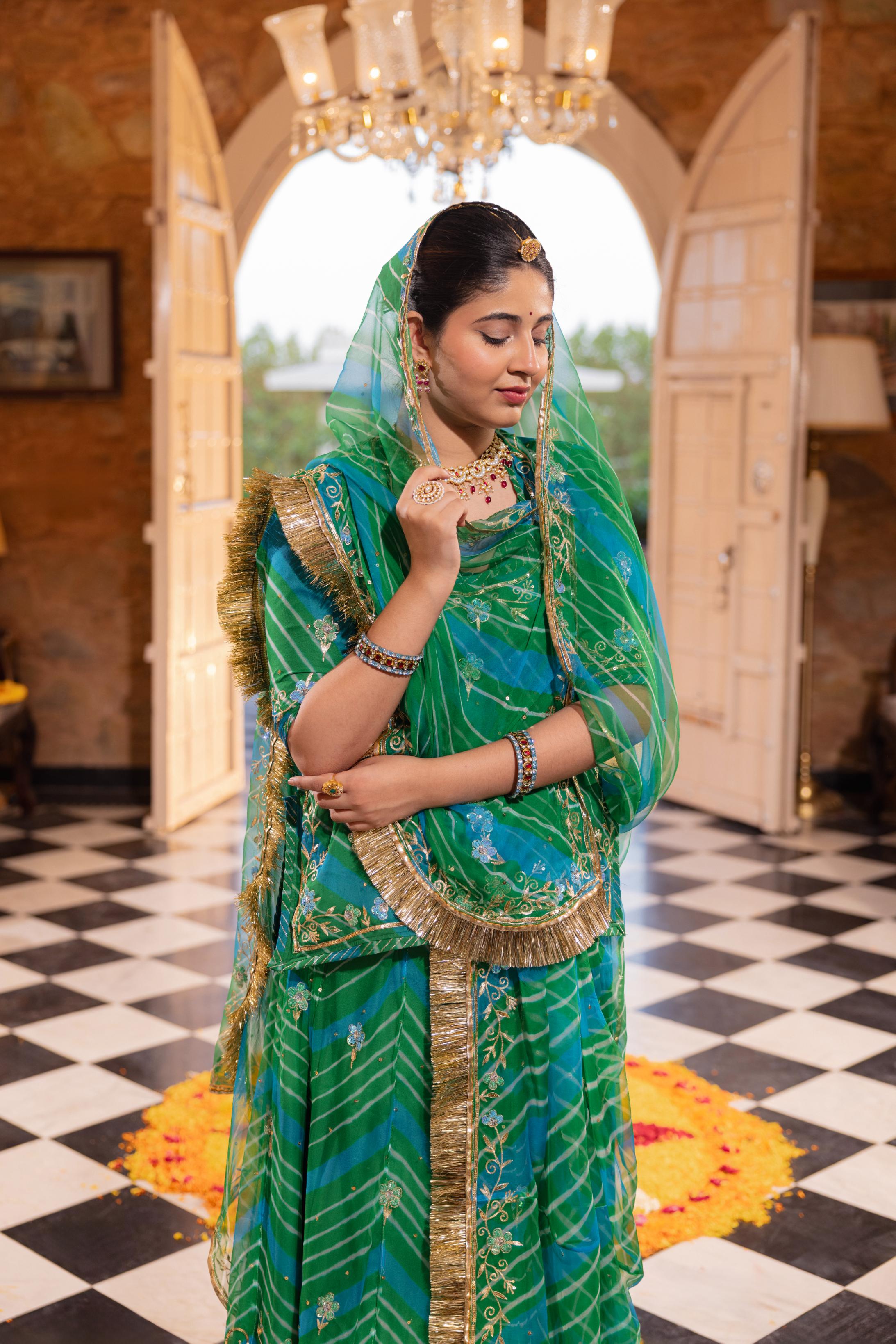 Green 20 grms Pure Georgette Aari Tari Handwork Poshak (Unstitched)