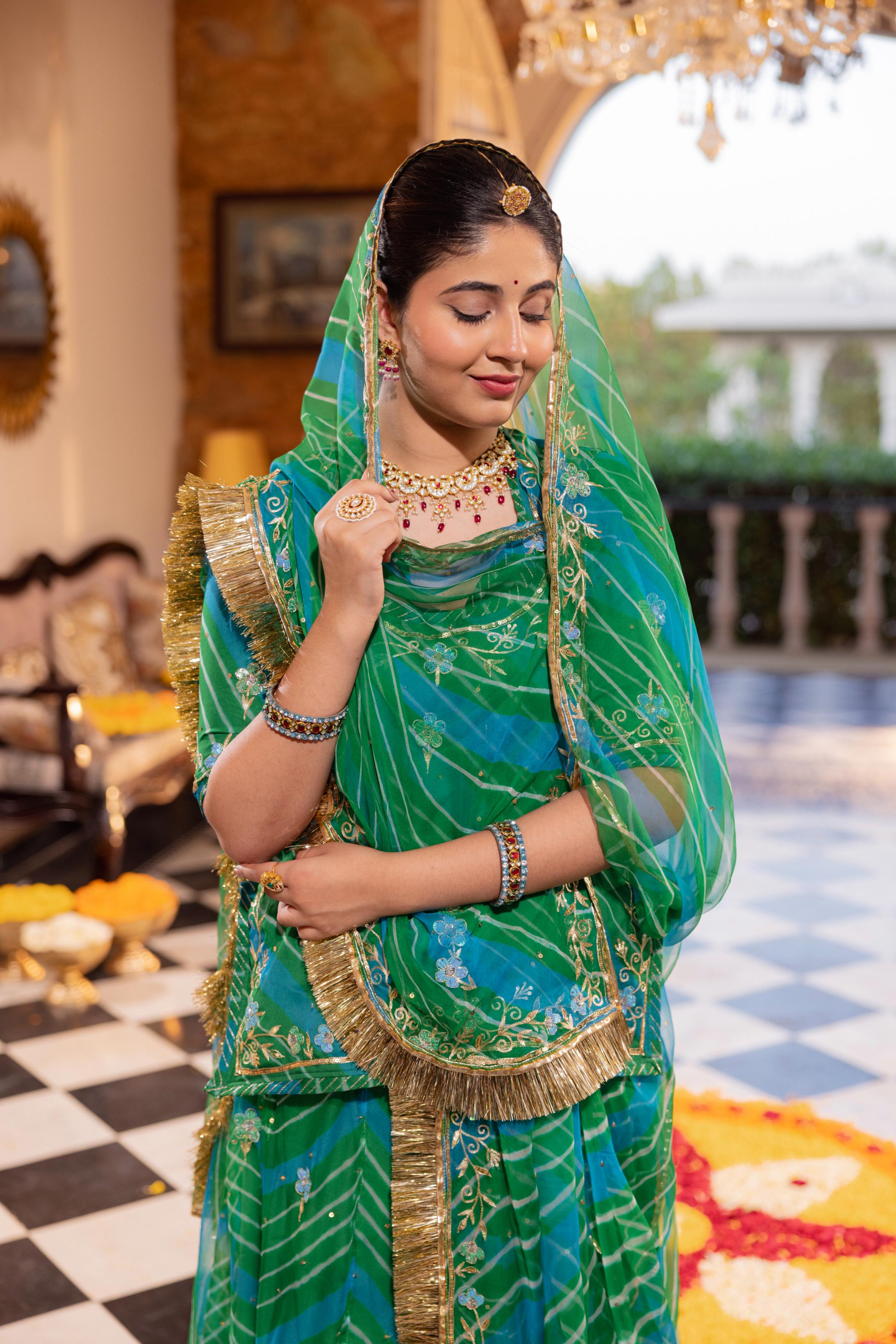 Green 20 grms Pure Georgette Aari Tari Handwork Poshak (Unstitched)