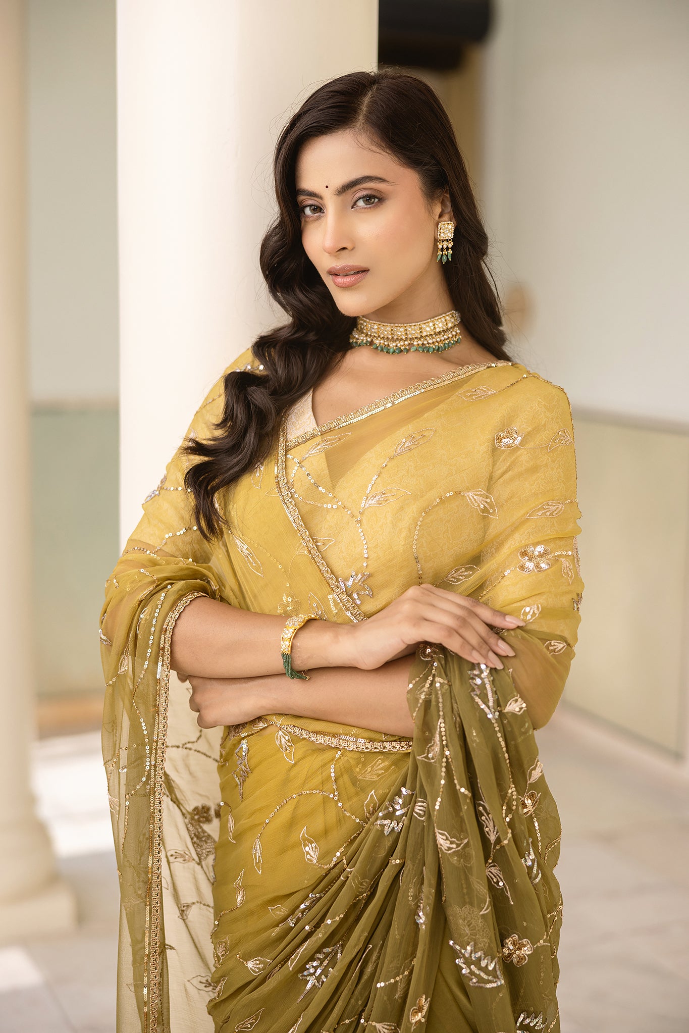 Mehandi Green Viscose Chiffon Aari Sequins Handwork Saree