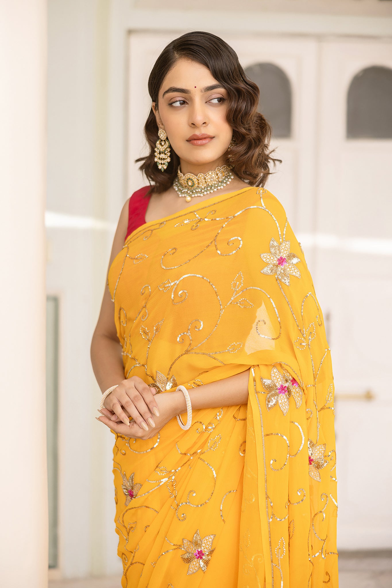 Yellow Kesariya Pure Chiffon Aari Sequins Handwork Saree