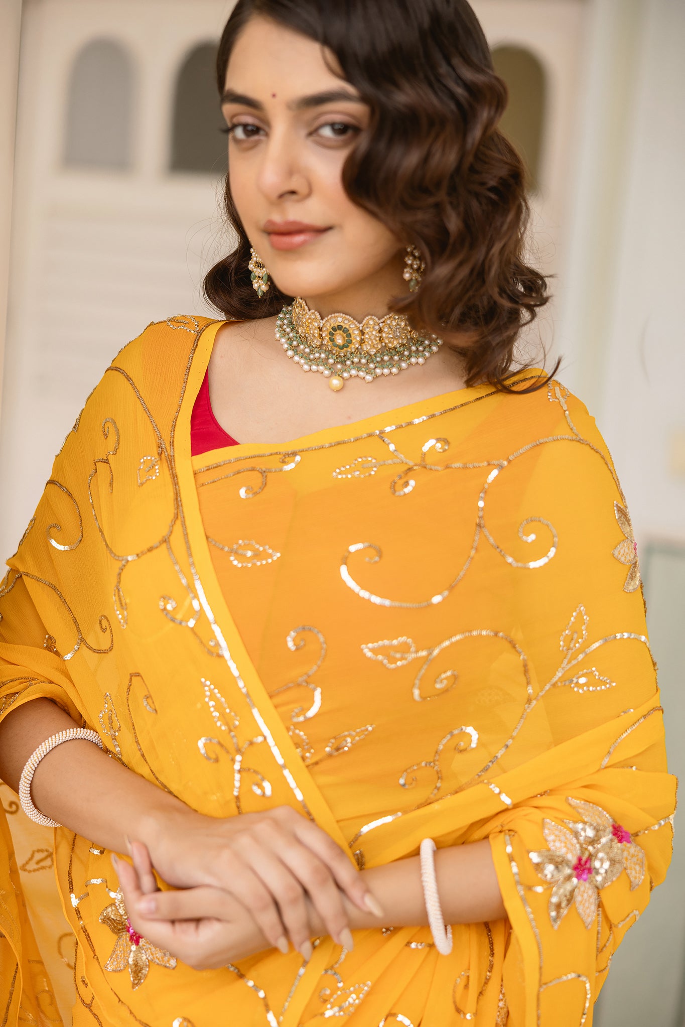 Yellow Kesariya Pure Chiffon Aari Sequins Handwork Saree