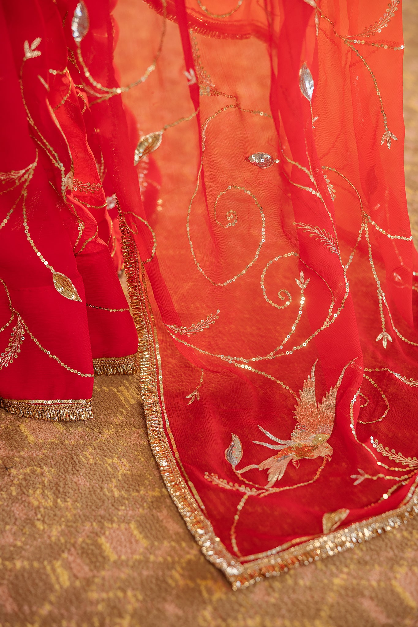 Red Orange Shaded Pure Chiffon Aari Sequins Jaal Handwork Saree