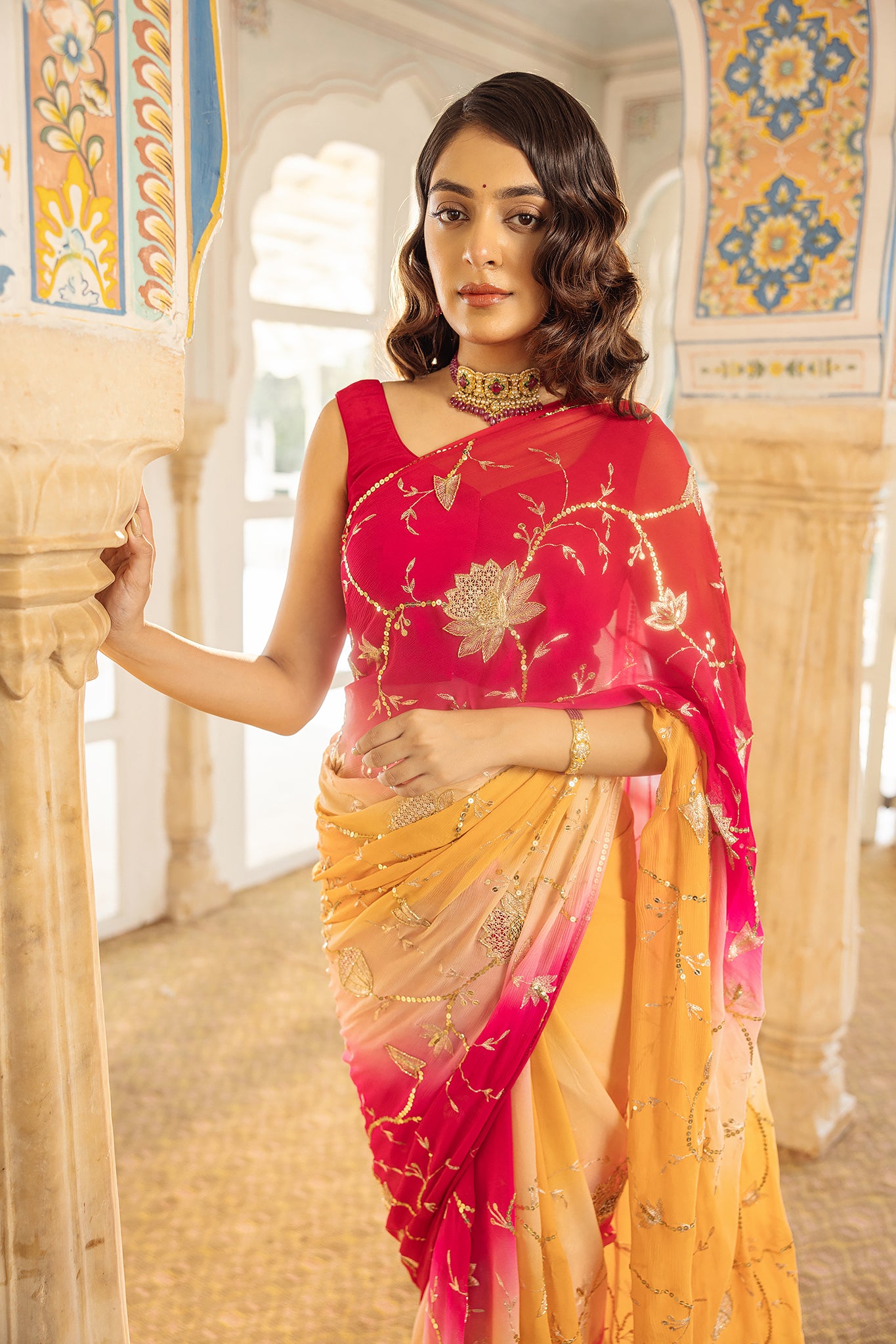 Rani Peach Shaded Pure Chiffon Aari Tari Jaal work Handwork Saree