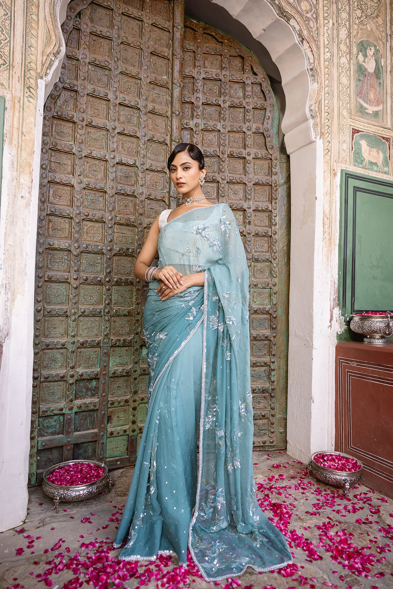 Blue Turquoise Pure Chiffon Aari Sequins Kardana work Handwork Saree