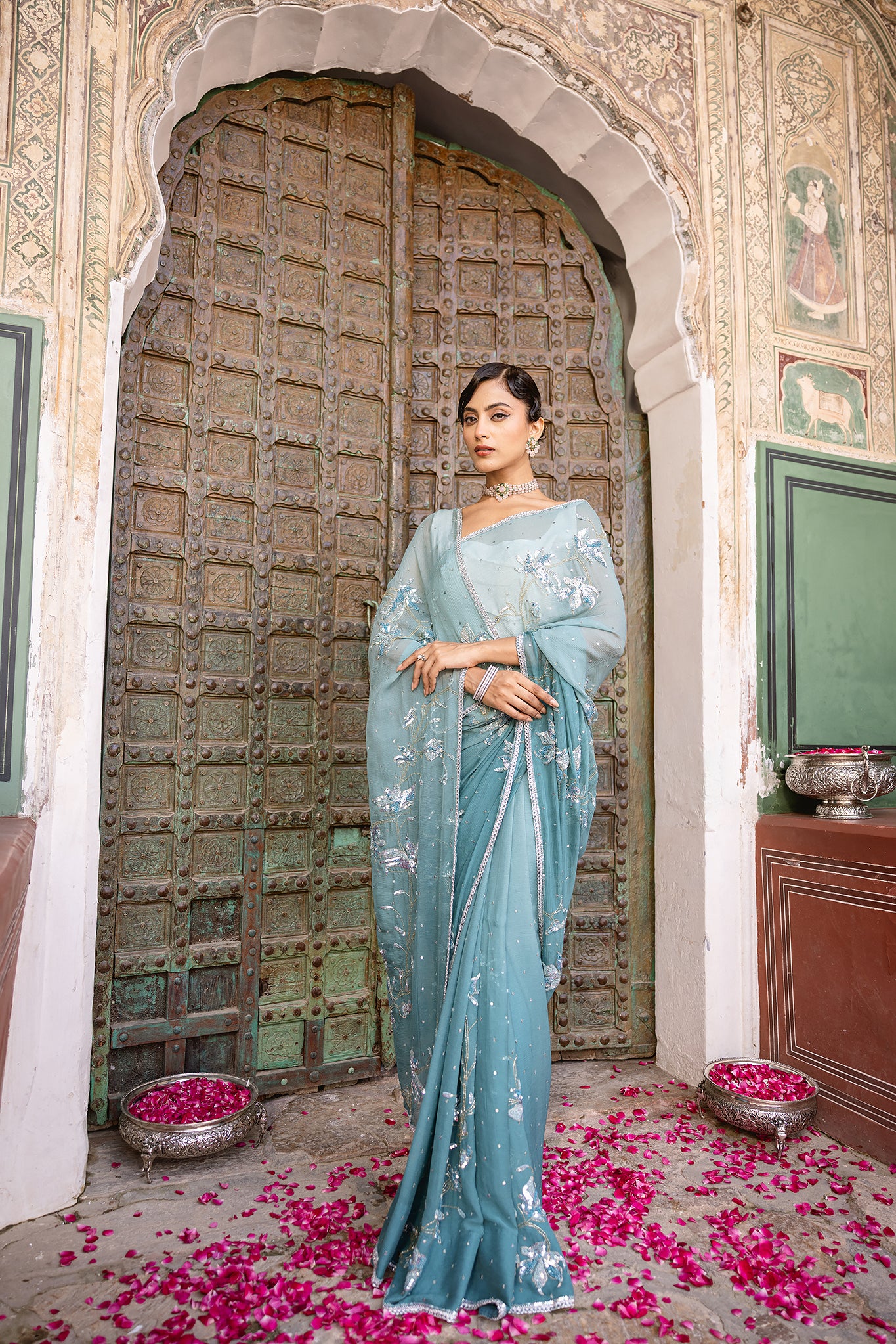 Blue Turquoise Pure Chiffon Aari Sequins Kardana work Handwork Saree