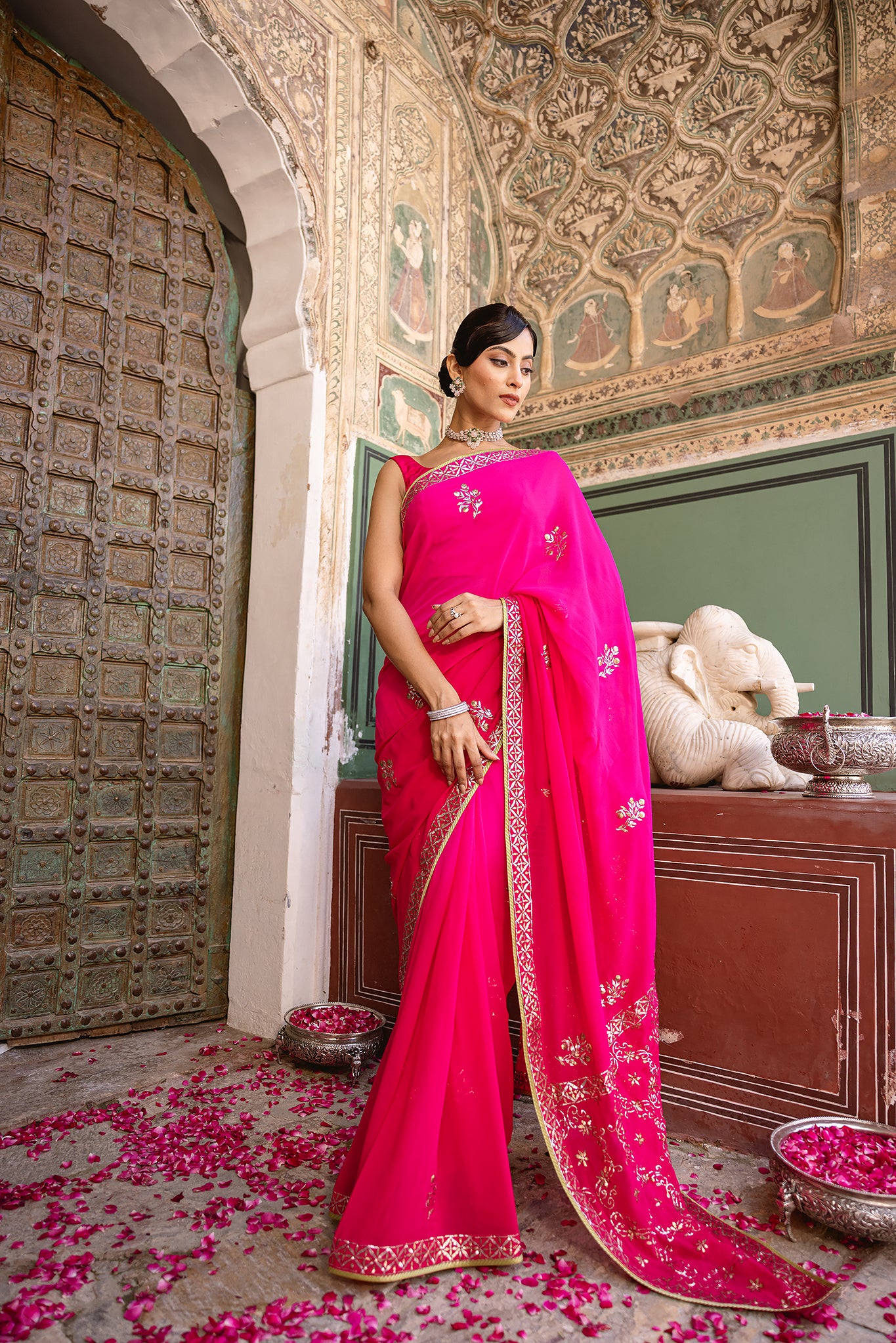 Rani Pink Shaded Pure Georgette Mukaish Handwork Saree