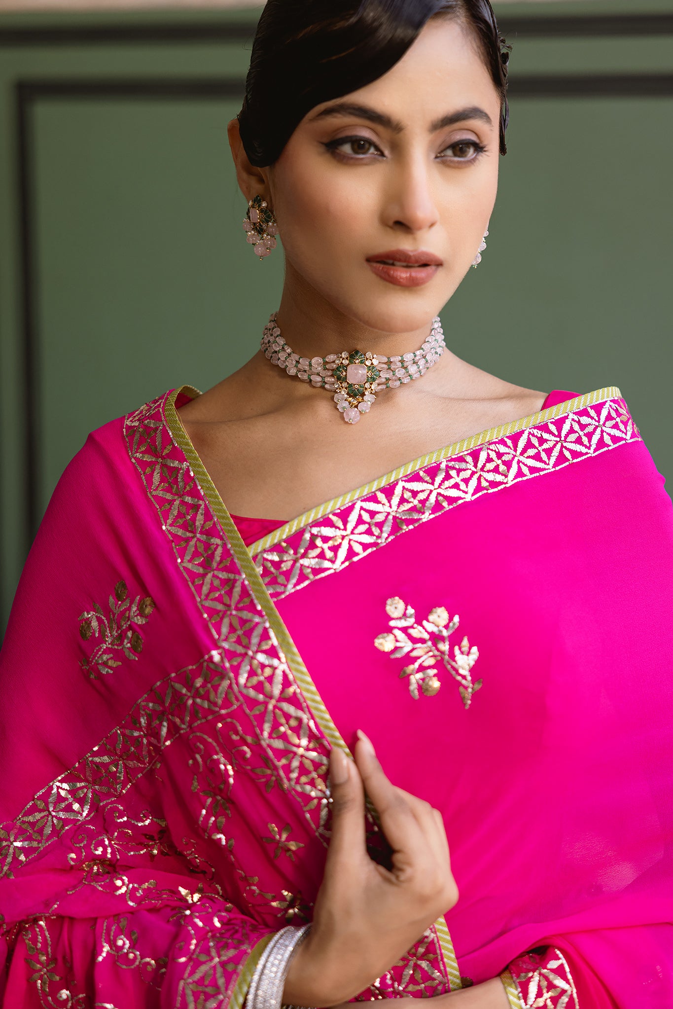 Rani Pink Shaded Pure Georgette Mukaish Handwork Saree