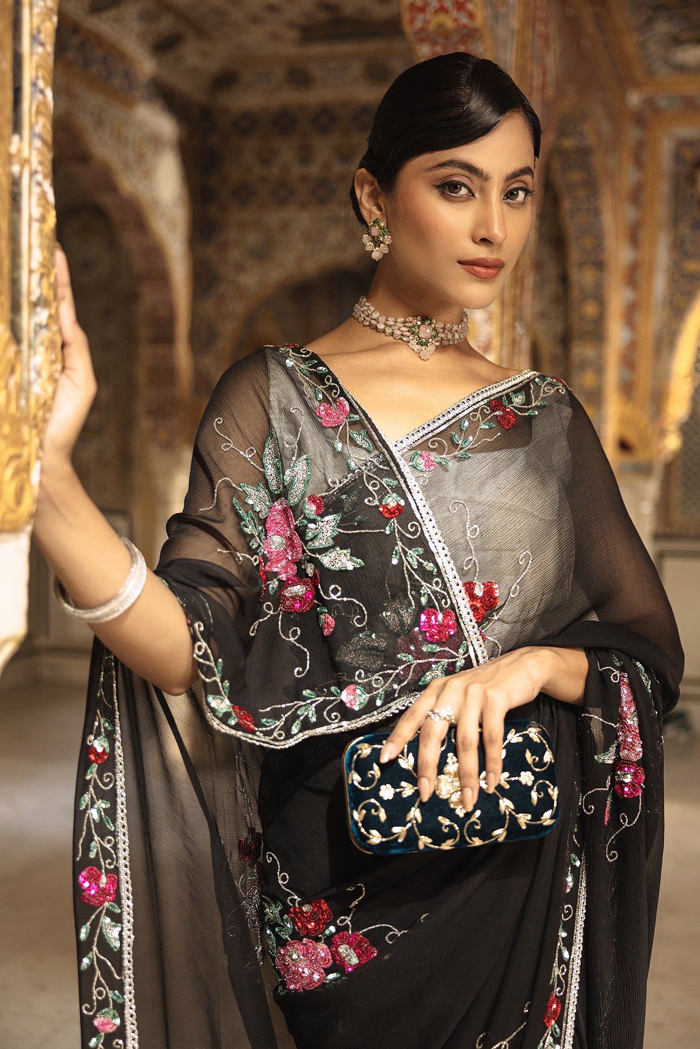 Black Pure Chiffon Sequins Kardana Handwork Saree