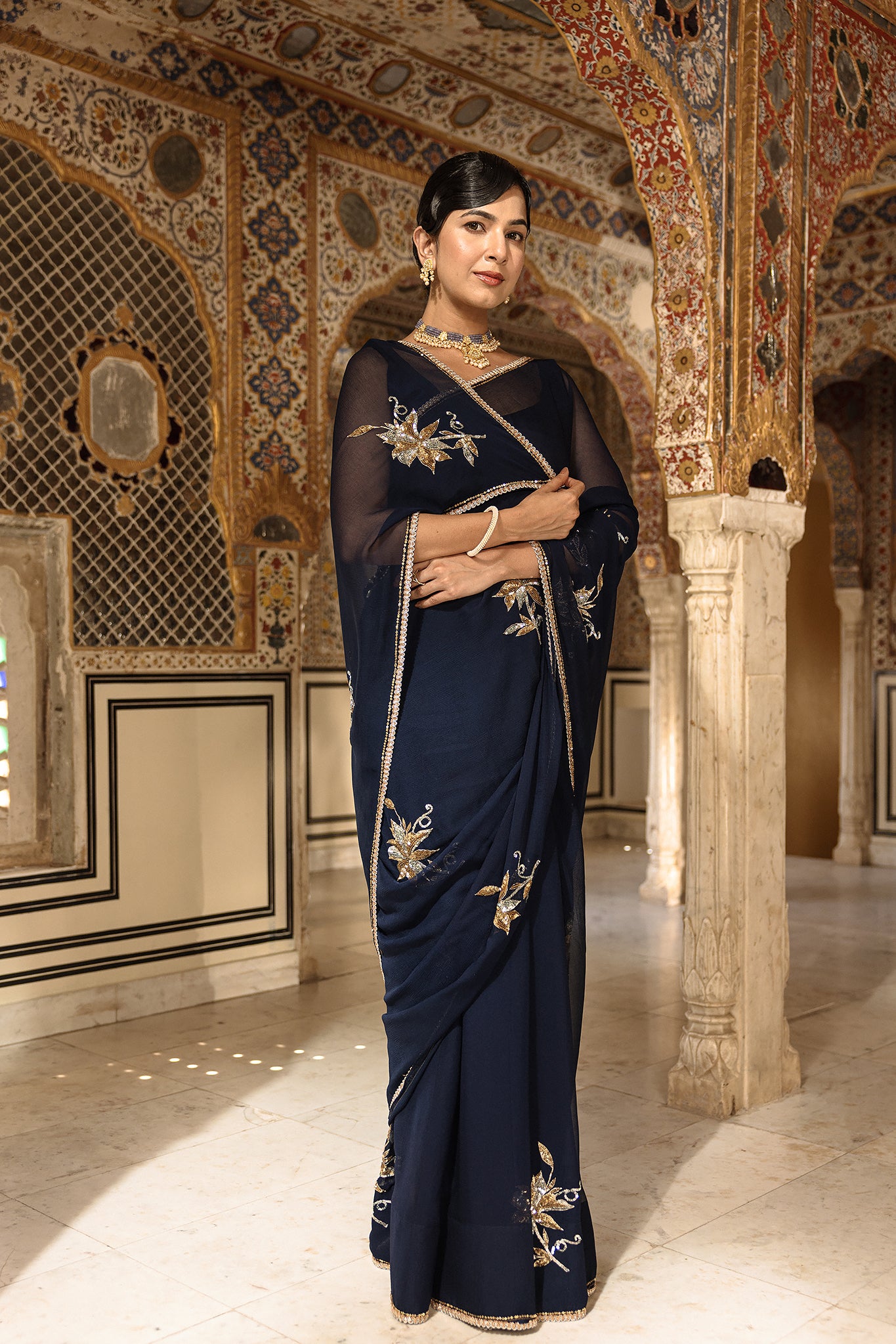 Navy Blue Pure Chiffon Aari Sequins Handwork Saree