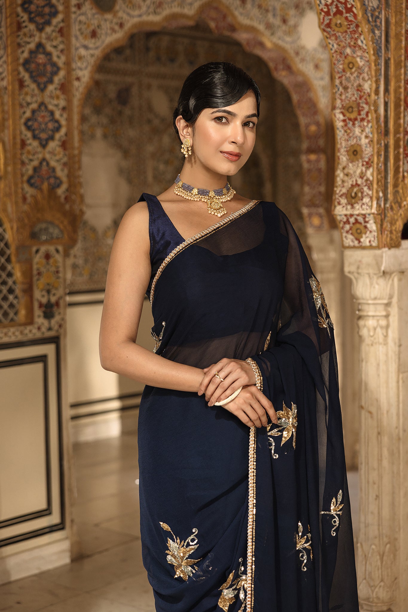 Navy Blue Pure Chiffon Aari Sequins Handwork Saree